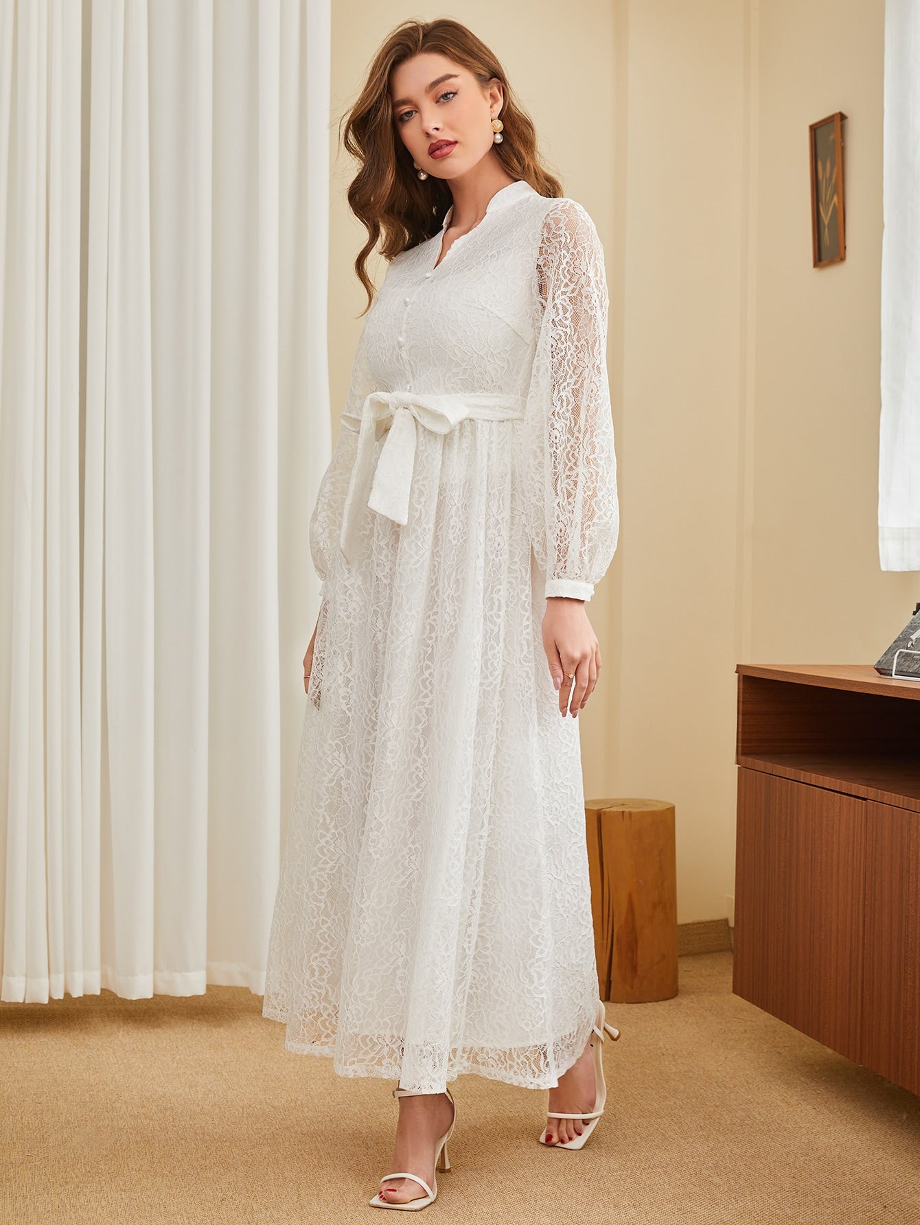  | SHEIN Modely Lantern Sleeve Belted Lace Dress | Dress | Shein | OneHub