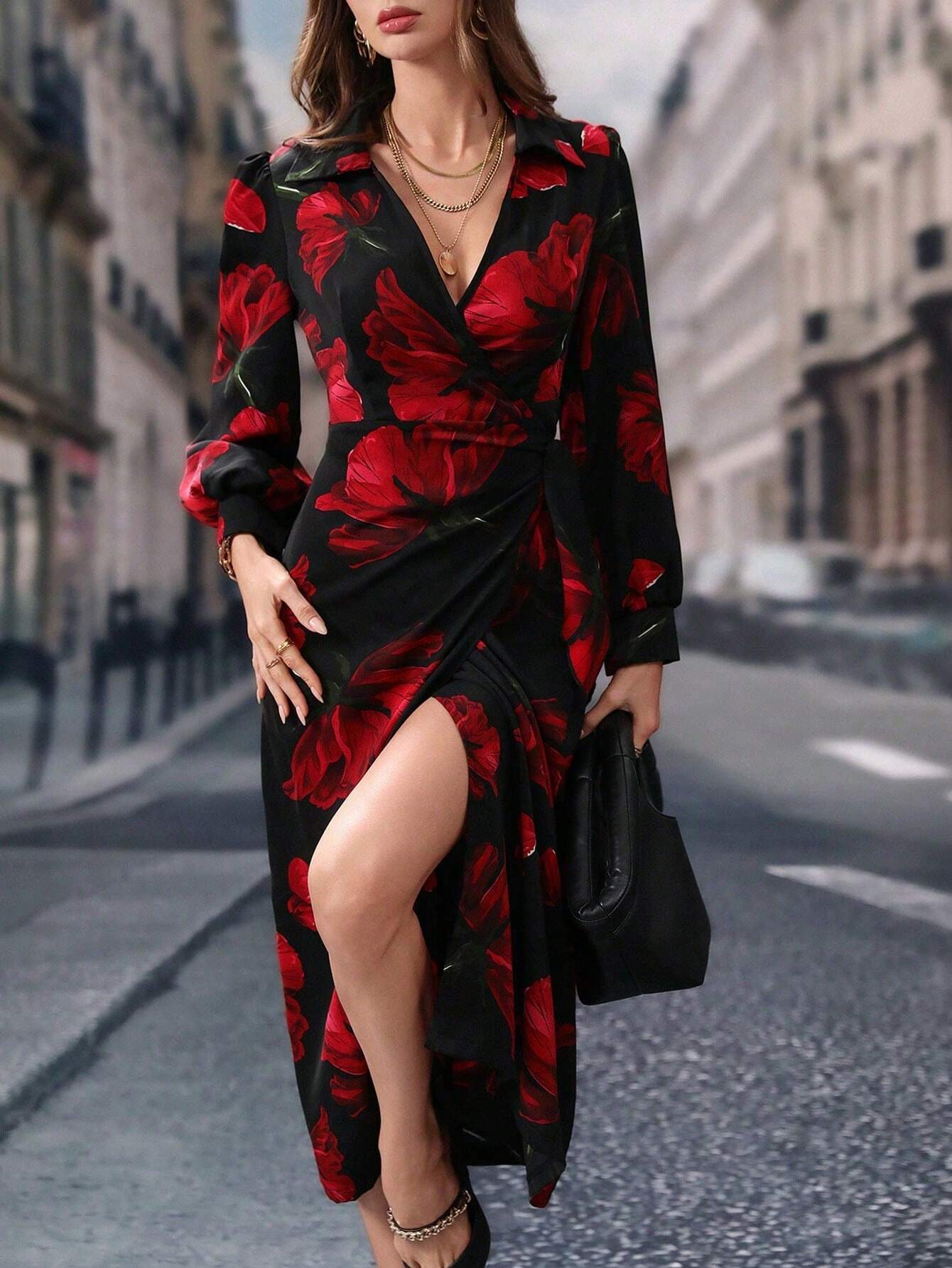  | SHEIN Modely Long Sleeve V-Neck Allover Floral Print Casual Dress | Dress | Shein | OneHub