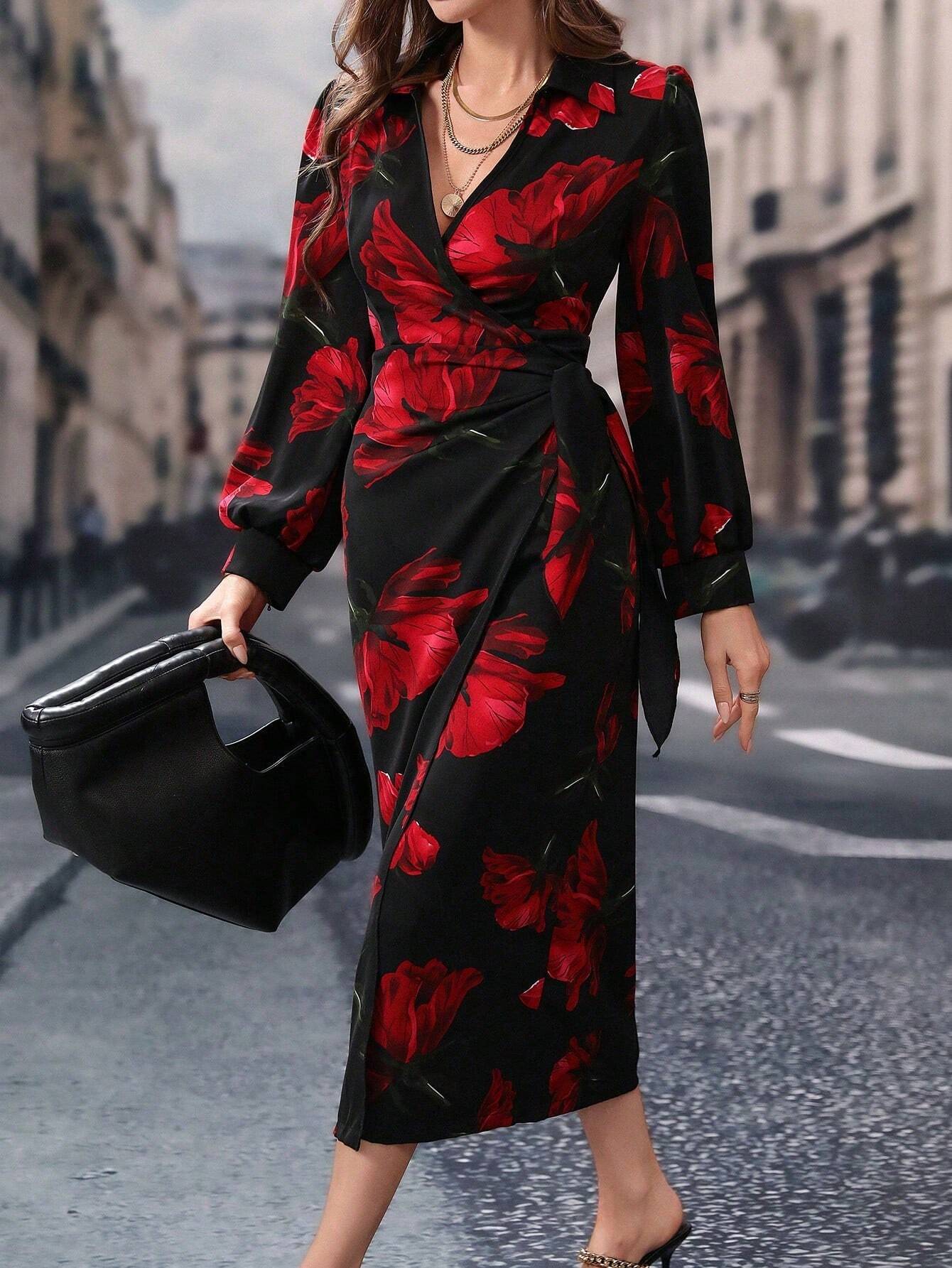  | SHEIN Modely Long Sleeve V-Neck Allover Floral Print Casual Dress | Dress | Shein | OneHub