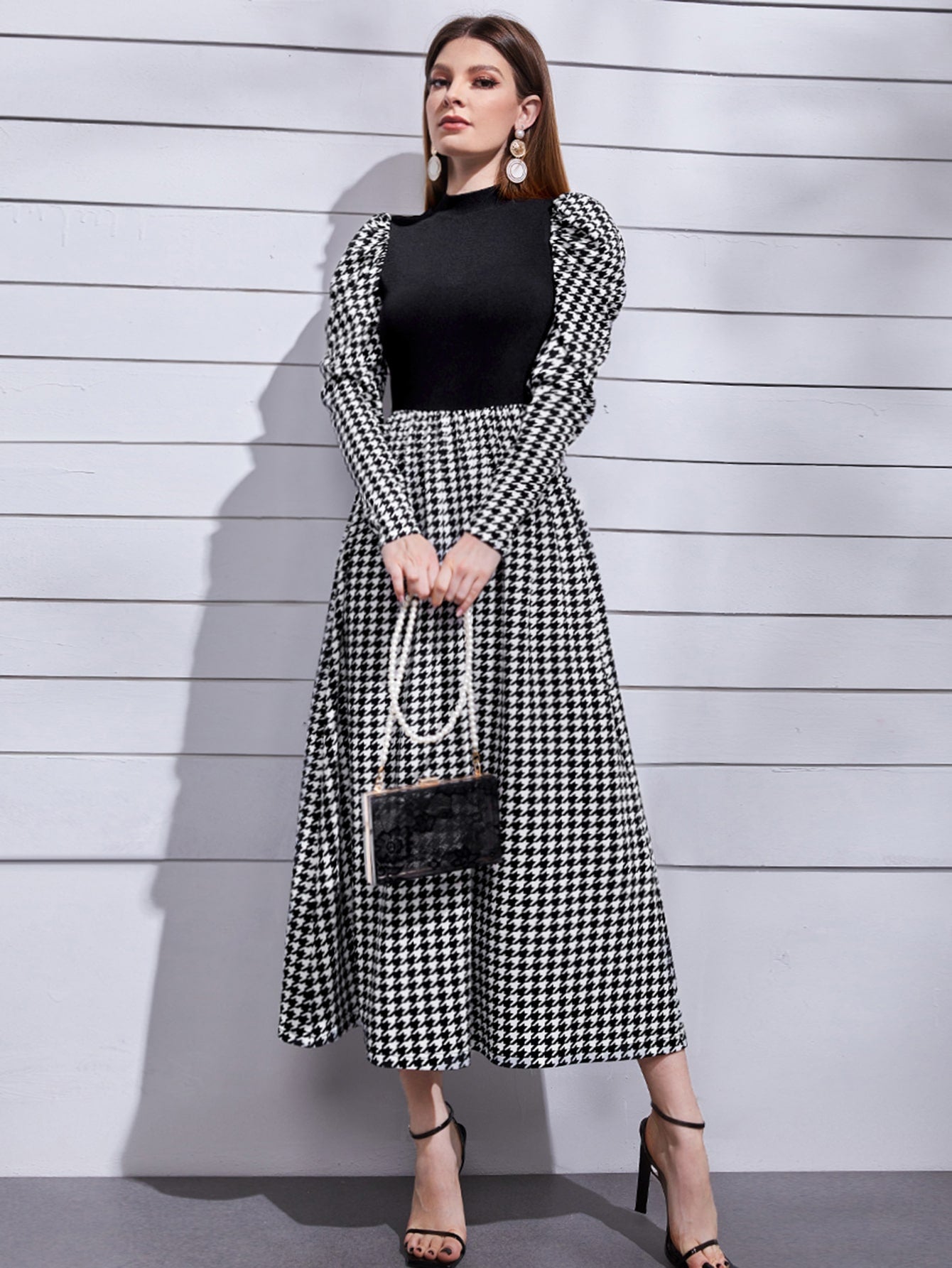  | SHEIN Modely Mock Neck Leg-of-mutton Sleeve Houndstooth Dress | Dress | Shein | OneHub