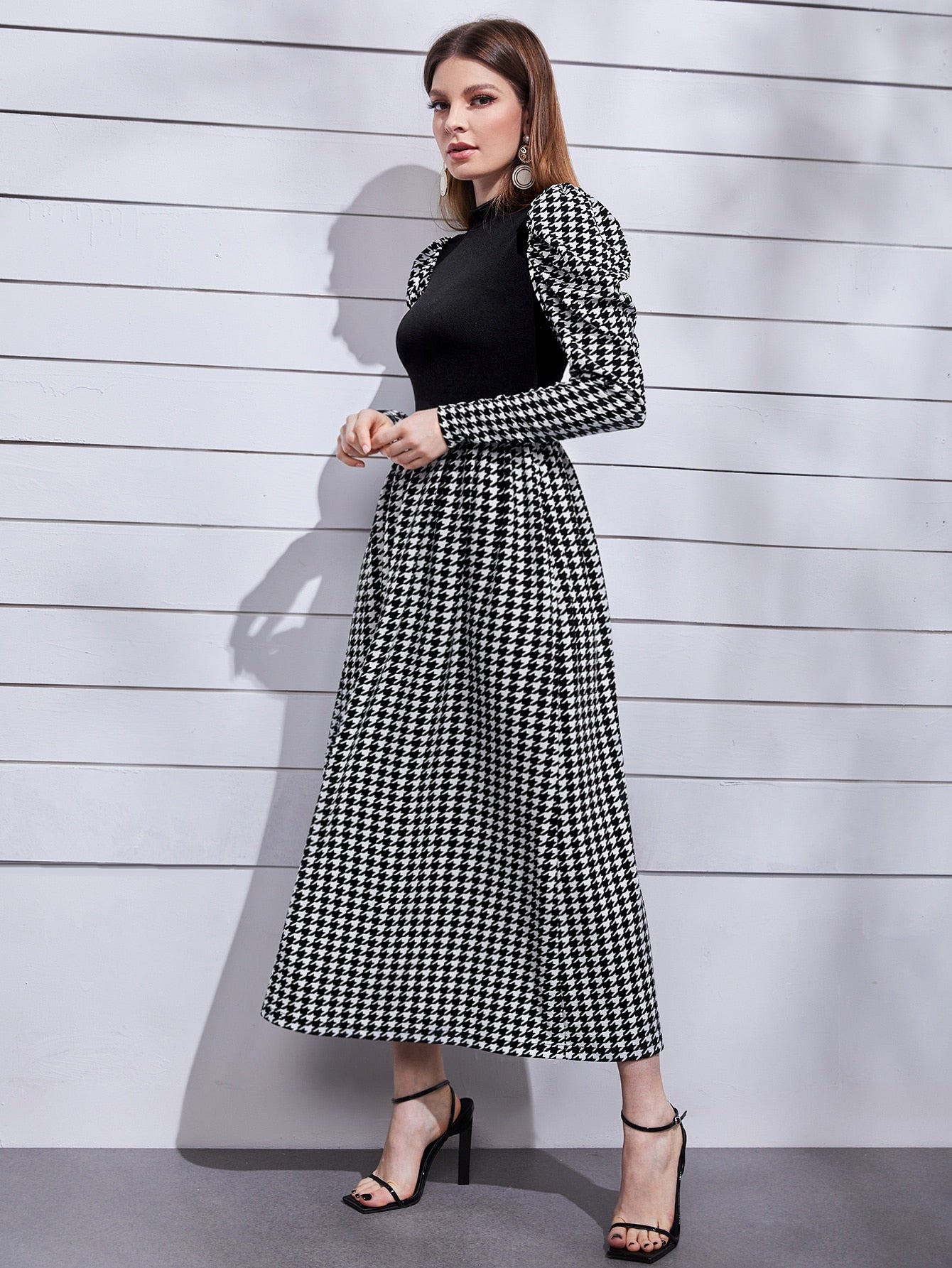  | SHEIN Modely Mock Neck Leg-of-mutton Sleeve Houndstooth Dress | Dress | Shein | OneHub