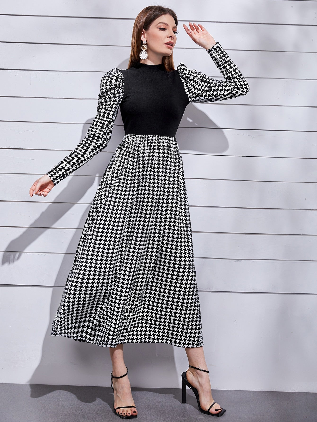  | SHEIN Modely Mock Neck Leg-of-mutton Sleeve Houndstooth Dress | Dress | Shein | OneHub