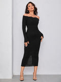  | SHEIN Modely Off Shoulder Frill Trim Split Back Glitter Bodycon Dress | Dress | Shein | OneHub