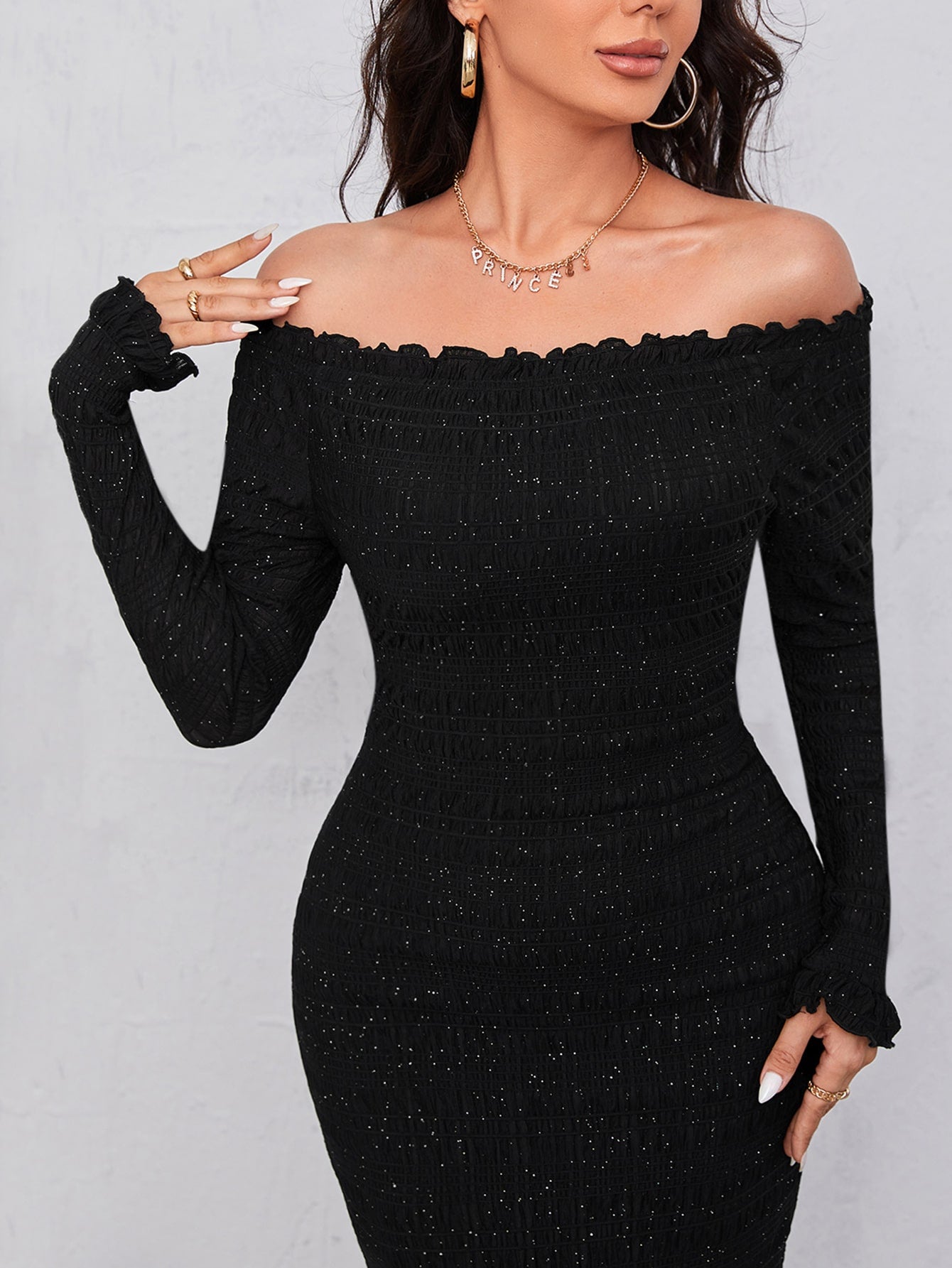  | SHEIN Modely Off Shoulder Frill Trim Split Back Glitter Bodycon Dress | Dress | Shein | OneHub