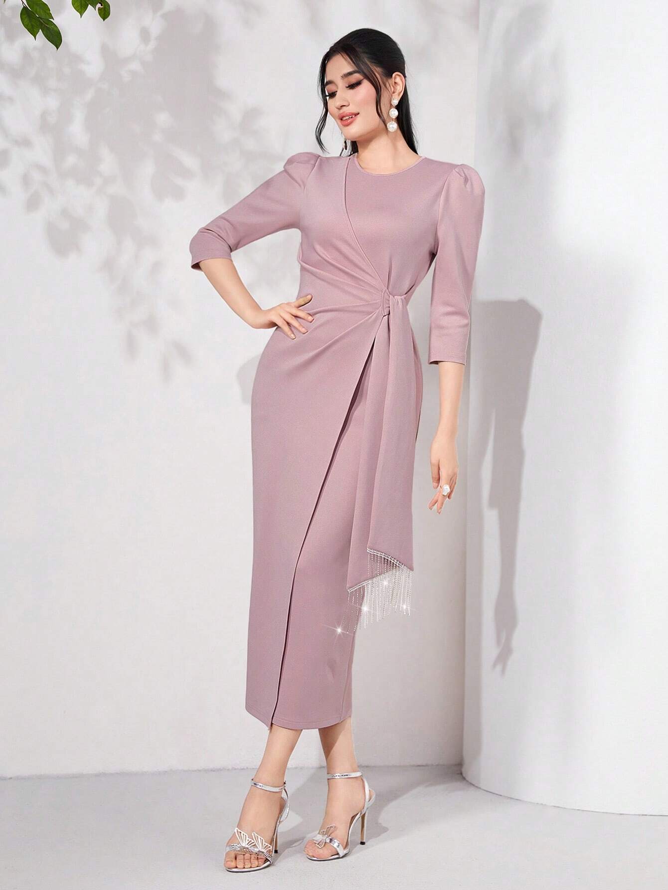  | SHEIN Modely Puff Sleeve Draped Side Wrap Hem Dress | Dress | Shein | OneHub