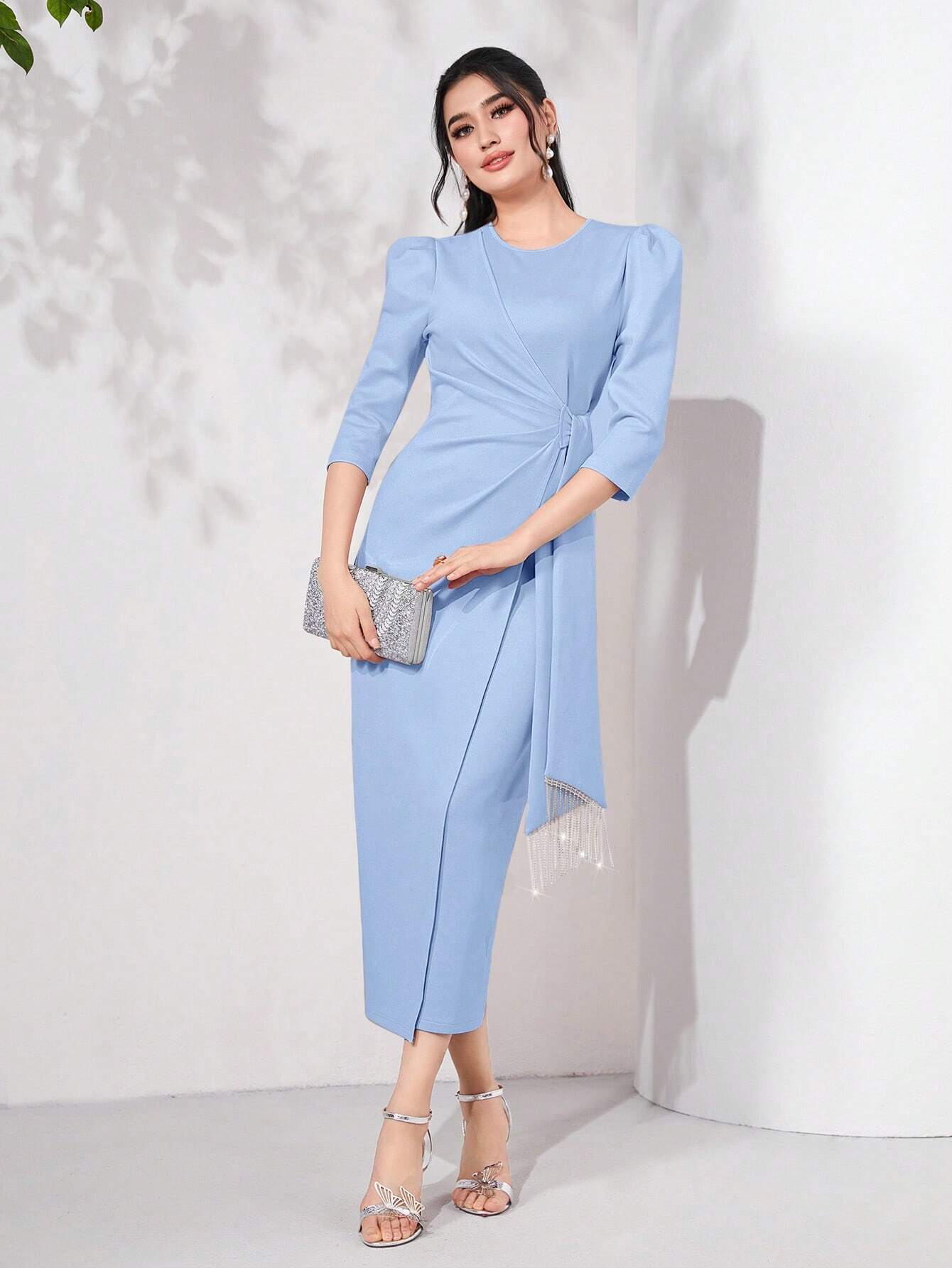  | SHEIN Modely Puff Sleeve Draped Side Wrap Hem Dress | Dress | Shein | OneHub