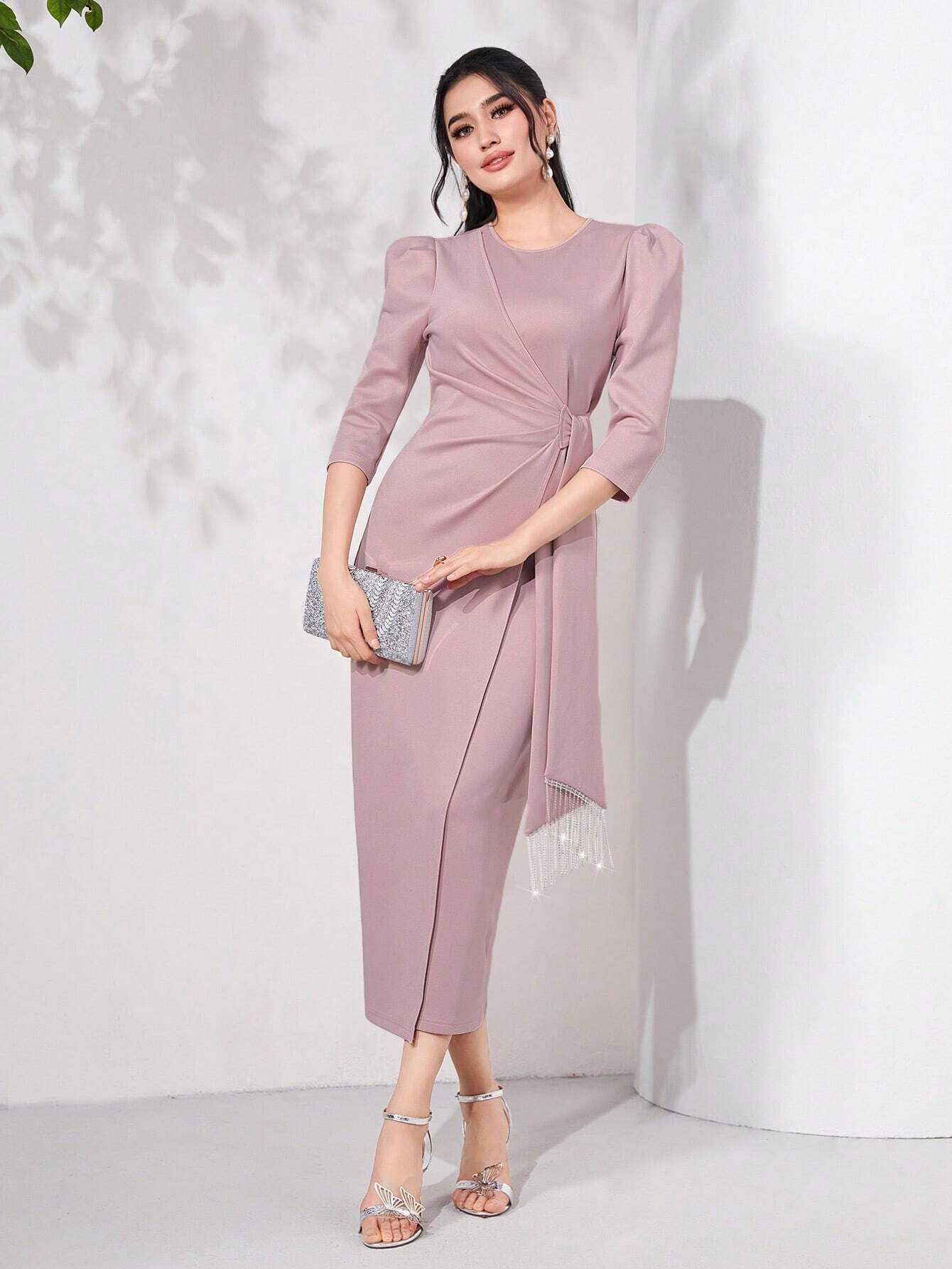  | SHEIN Modely Puff Sleeve Draped Side Wrap Hem Dress | Dress | Shein | OneHub