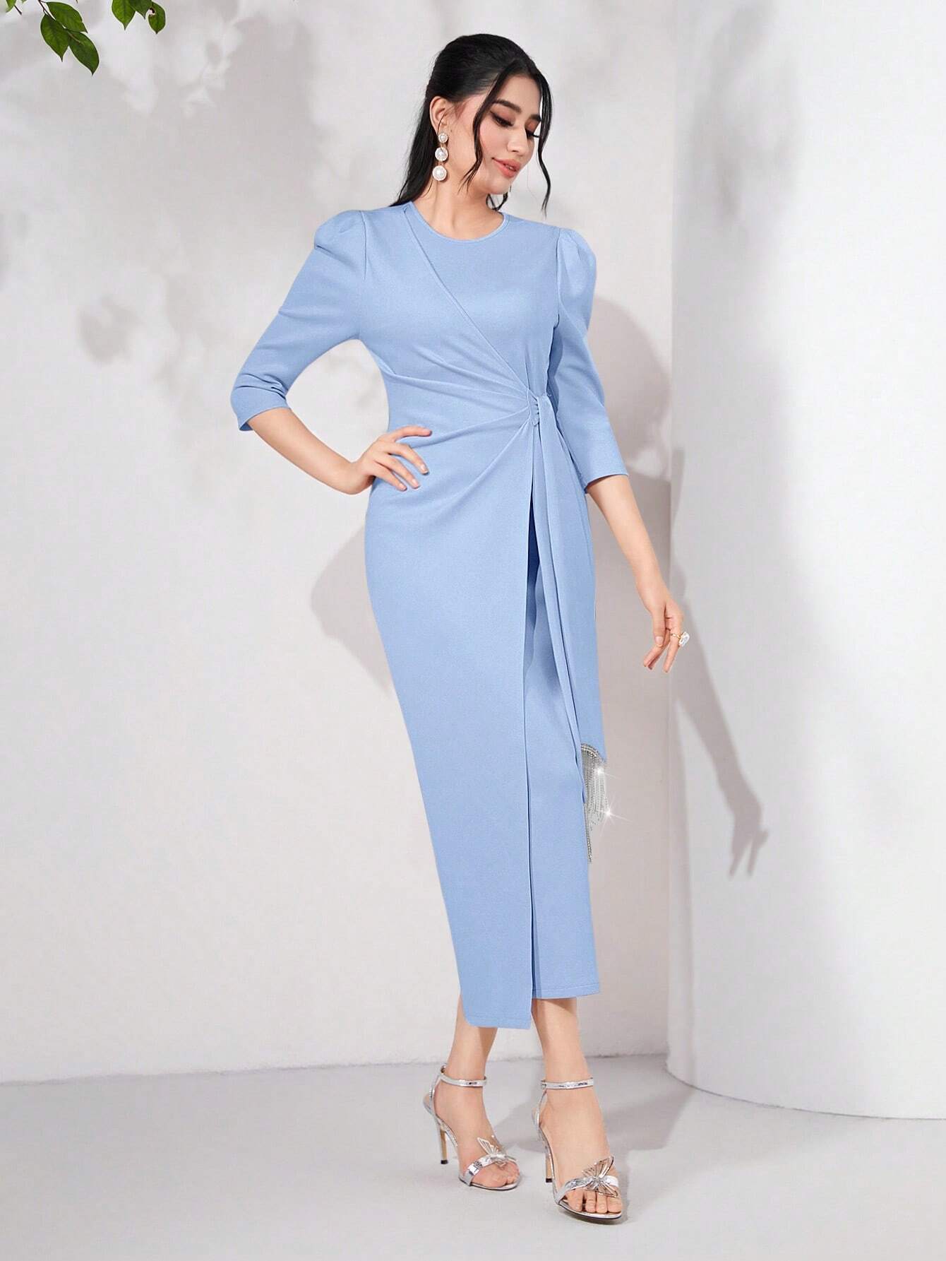  | SHEIN Modely Puff Sleeve Draped Side Wrap Hem Dress | Dress | Shein | OneHub