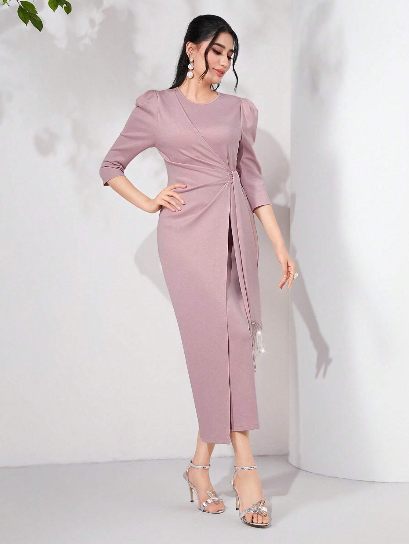  | SHEIN Modely Puff Sleeve Draped Side Wrap Hem Dress | Dress | Shein | OneHub