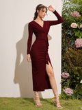  | SHEIN Modely Ruched Ruffle Trim Split Thigh Dress | Dress | Shein | OneHub