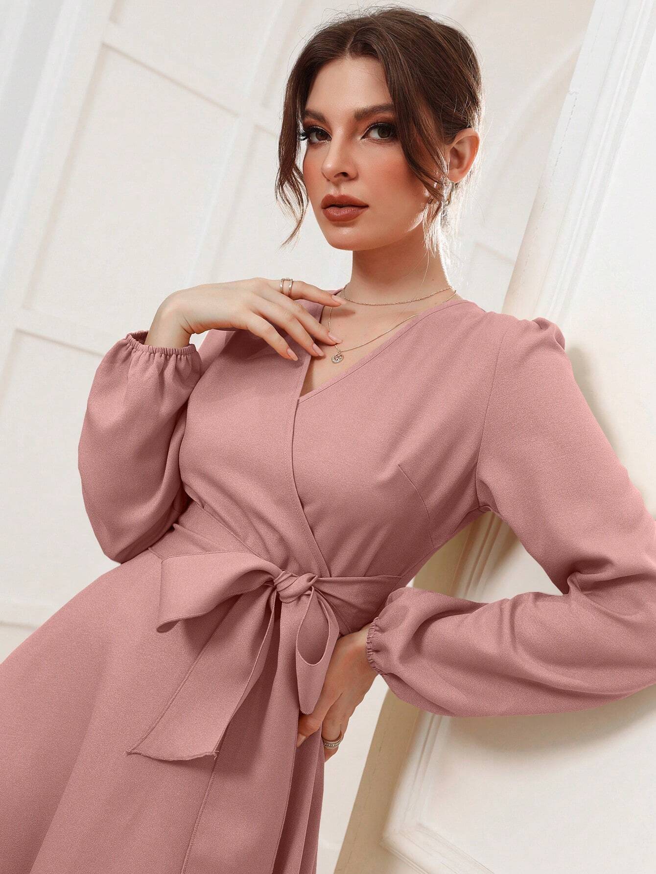  | SHEIN Modely Solid Belted Wrap Detail A-line Dress | Dress | Shein | OneHub