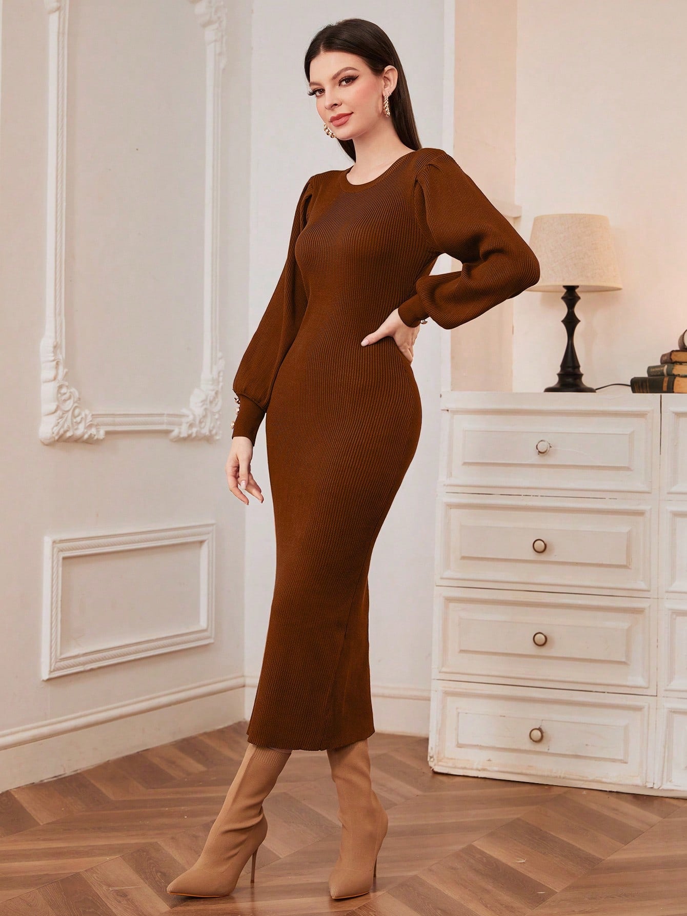  | SHEIN Modely Solid Button Detail Lantern Sleeve Bodycon Sweater Dress | Dress | Shein | OneHub