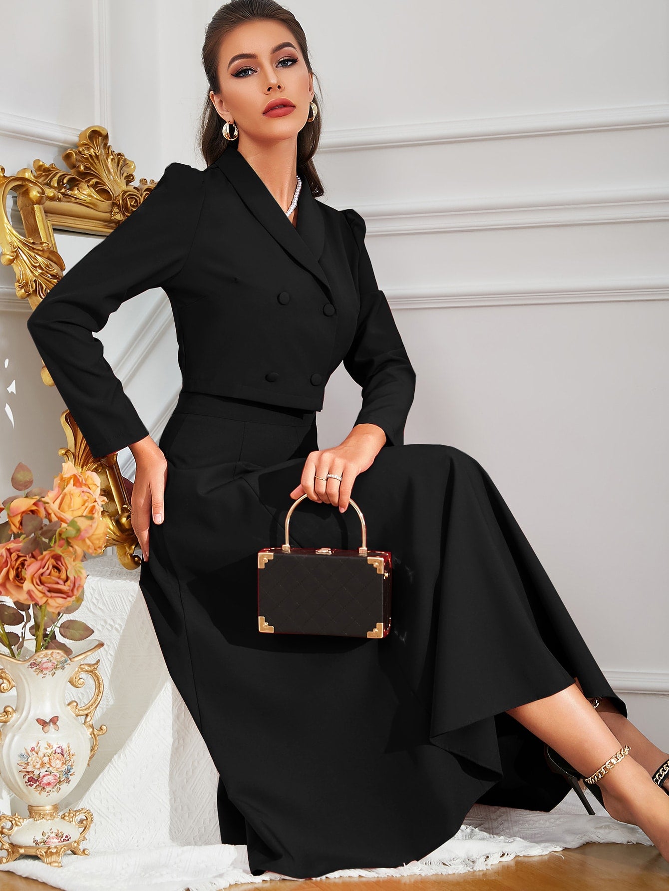  | SHEIN Modely Solid Double Breasted Shawl Collar Blazer & Skirt | Top and Pant Set | Shein | OneHub