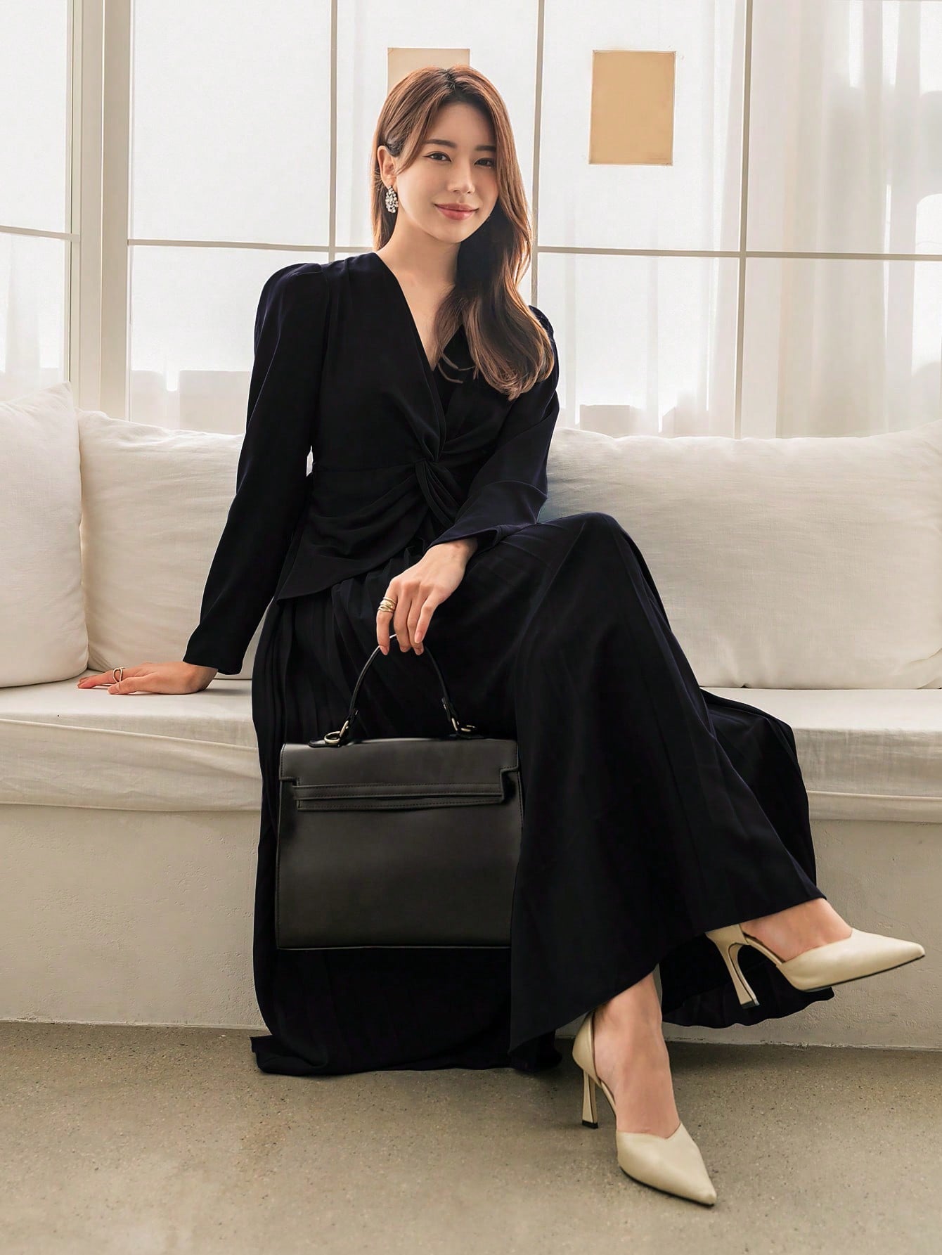  | SHEIN Modely V-Neckline Twisted Detailing Ruffle Hem Long Sleeve Dress | Dress | Shein | OneHub