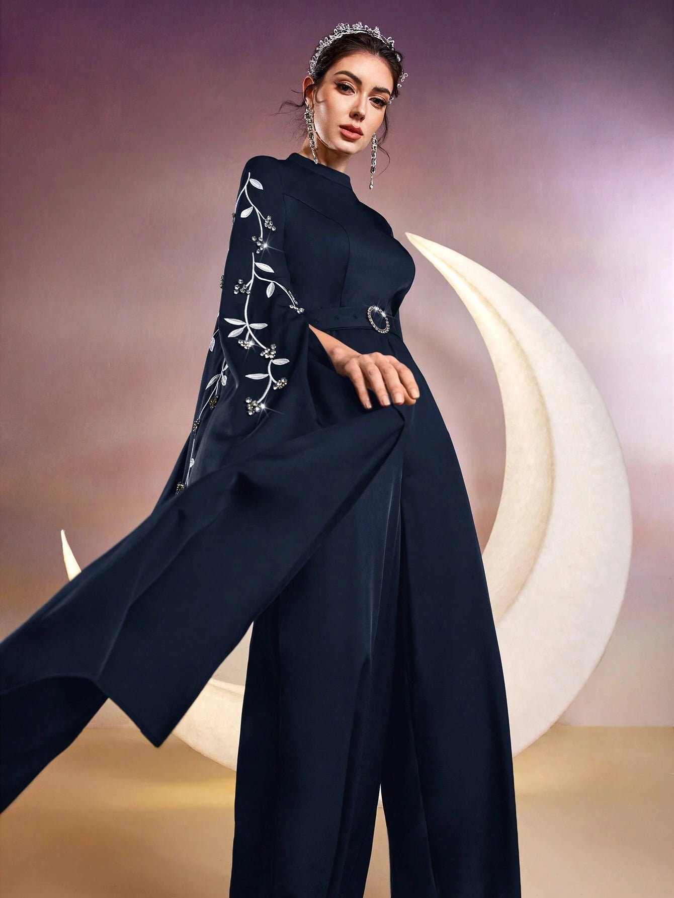  | SHEIN Modely Women Stand Collar Plant Embroidery Rhinestone Decor Ultra-Long Sleeve Wide-Leg Elegant Jumpsuit | Jumpsuit | Shein | OneHub