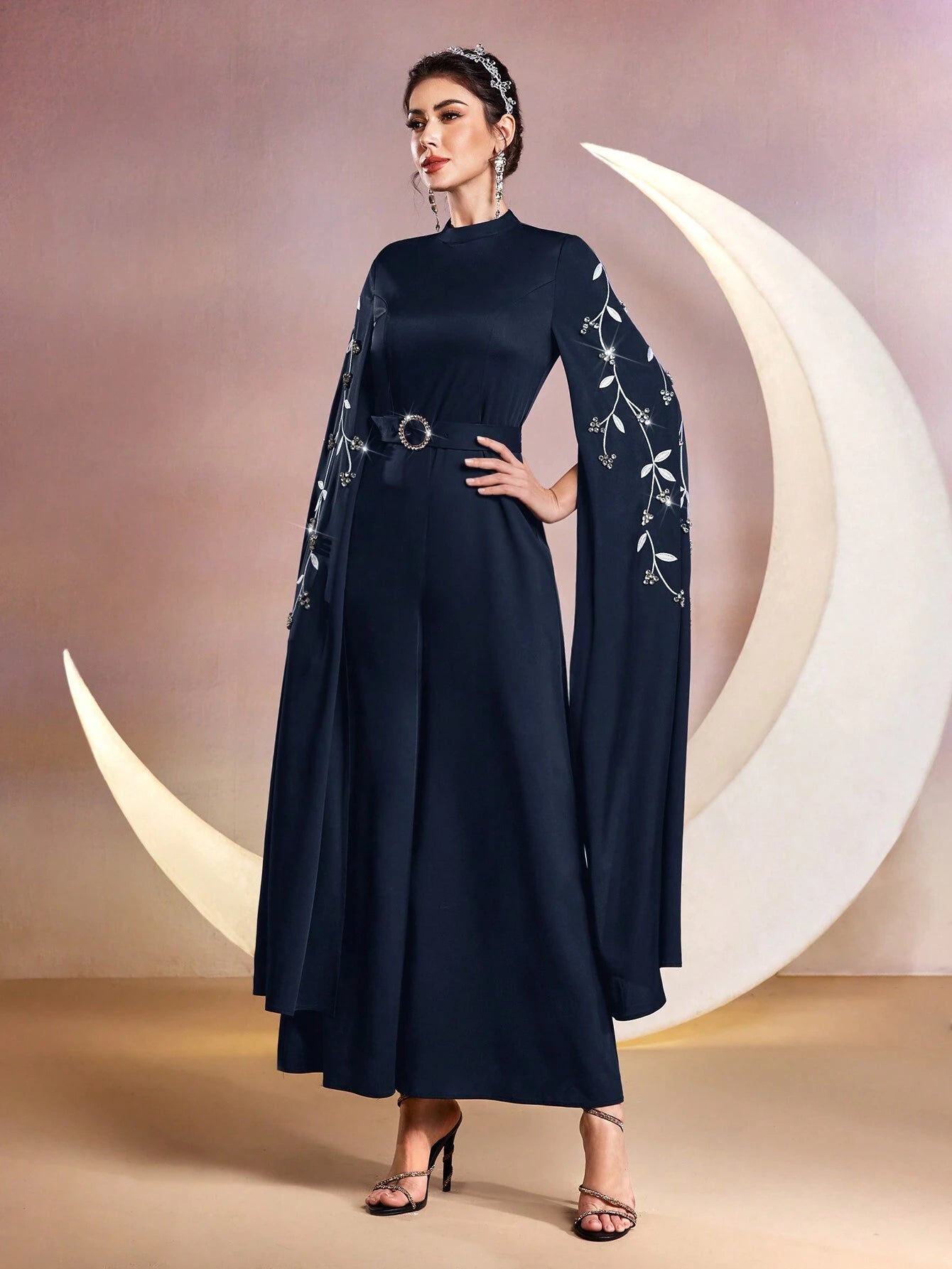  | SHEIN Modely Women Stand Collar Plant Embroidery Rhinestone Decor Ultra-Long Sleeve Wide-Leg Elegant Jumpsuit | Jumpsuit | Shein | OneHub