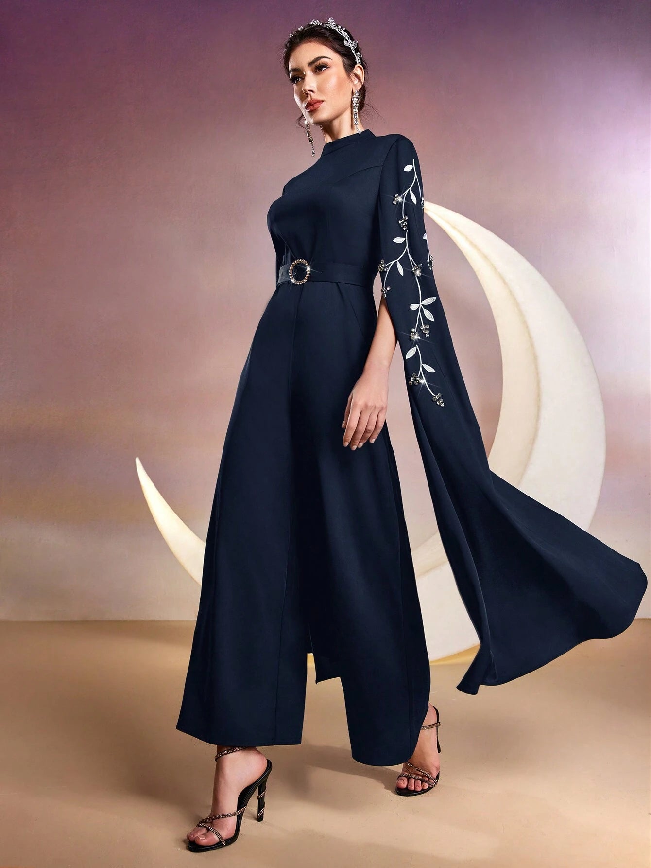  | SHEIN Modely Women Stand Collar Plant Embroidery Rhinestone Decor Ultra-Long Sleeve Wide-Leg Elegant Jumpsuit | Jumpsuit | Shein | OneHub
