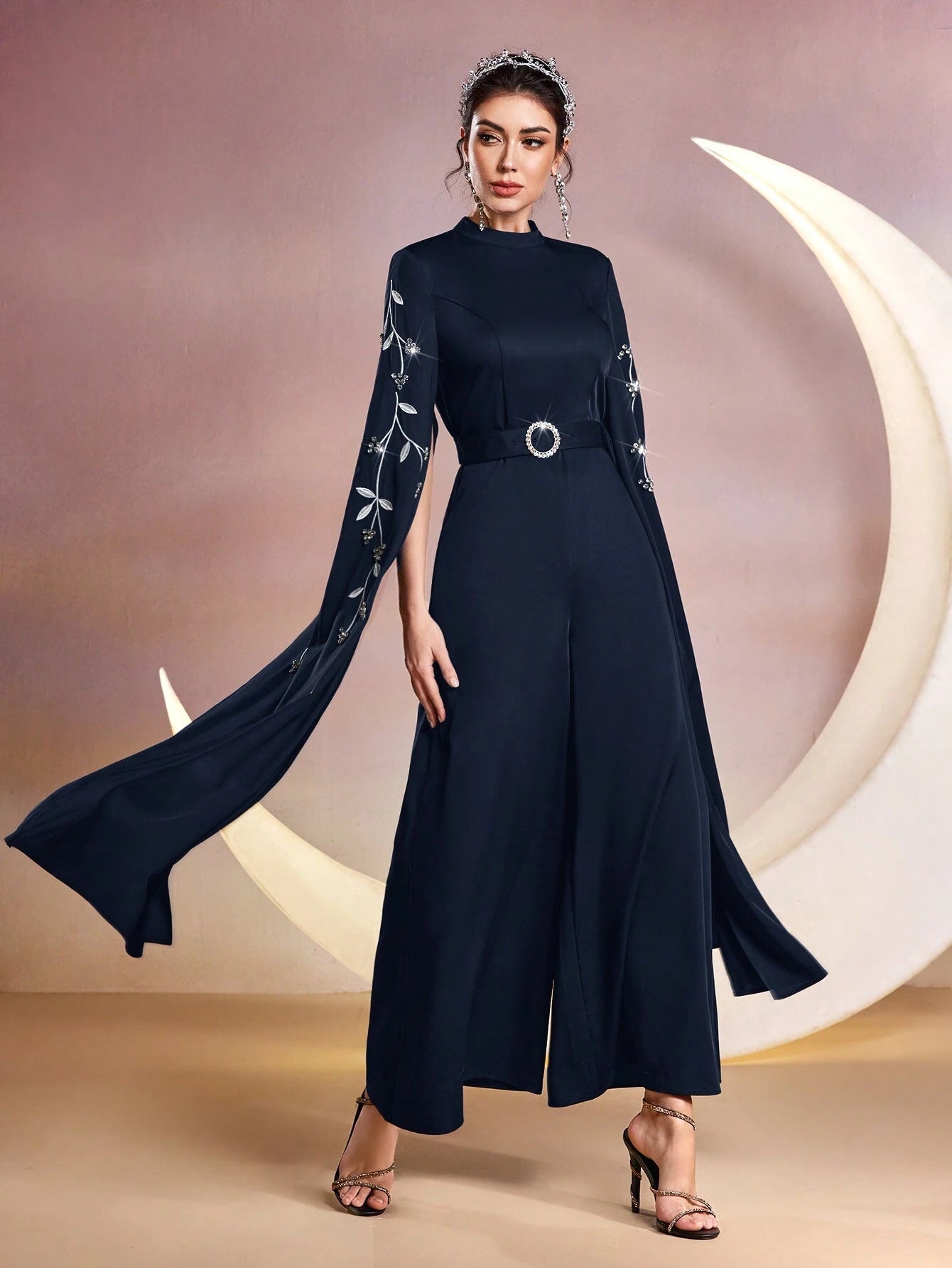  | SHEIN Modely Women Stand Collar Plant Embroidery Rhinestone Decor Ultra-Long Sleeve Wide-Leg Elegant Jumpsuit | Jumpsuit | Shein | OneHub