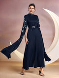  | SHEIN Modely Women Stand Collar Plant Embroidery Rhinestone Decor Ultra-Long Sleeve Wide-Leg Elegant Jumpsuit | Jumpsuit | Shein | OneHub