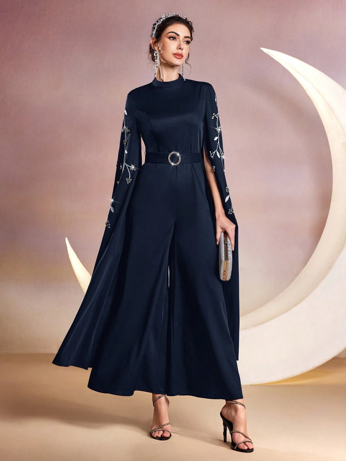  | SHEIN Modely Women Stand Collar Plant Embroidery Rhinestone Decor Ultra-Long Sleeve Wide-Leg Elegant Jumpsuit | Jumpsuit | Shein | OneHub
