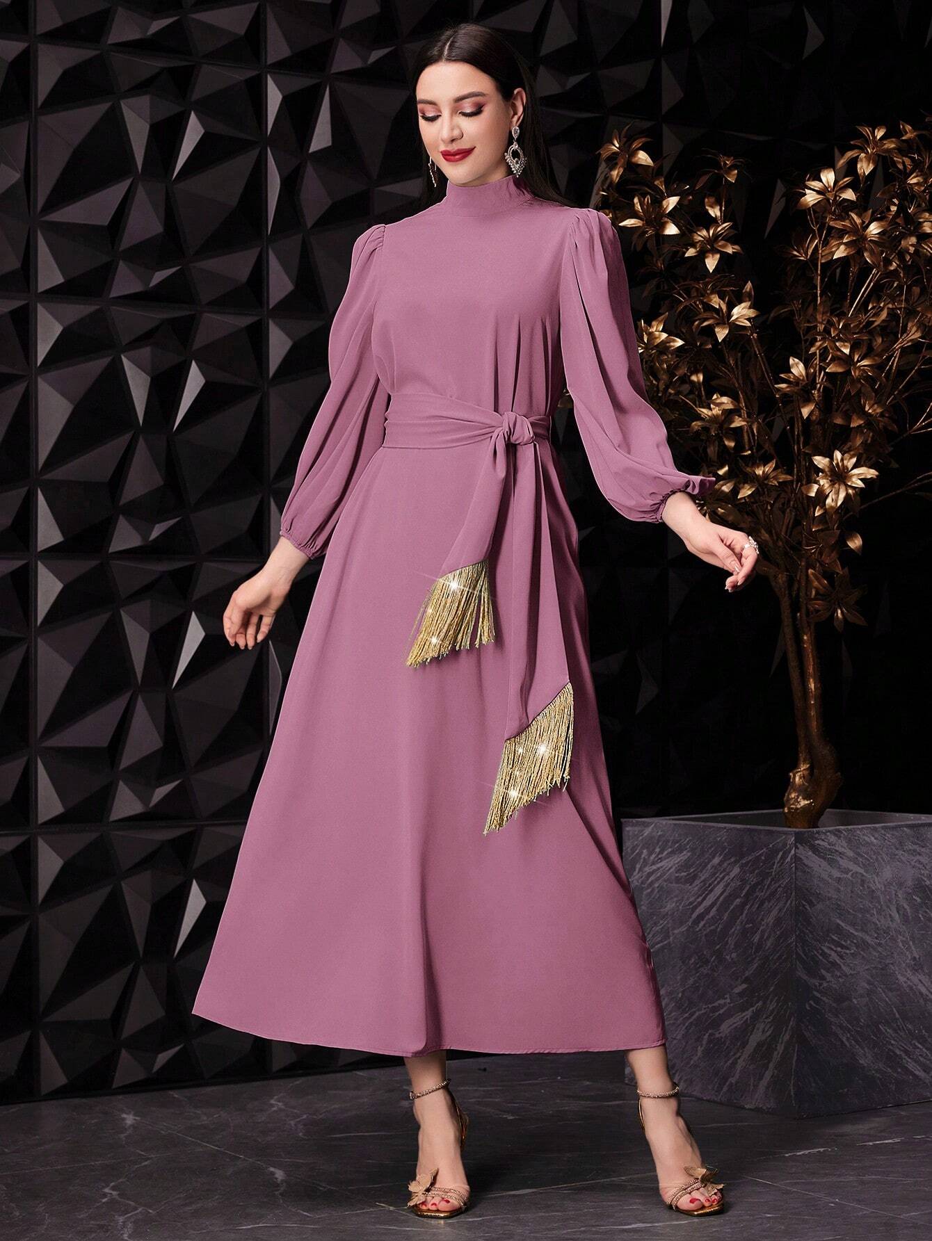 SHEIN Modely Women's Elegant Stand Collar Lantern Sleeve Long Dress With Knotted Waist For Spring/Summer