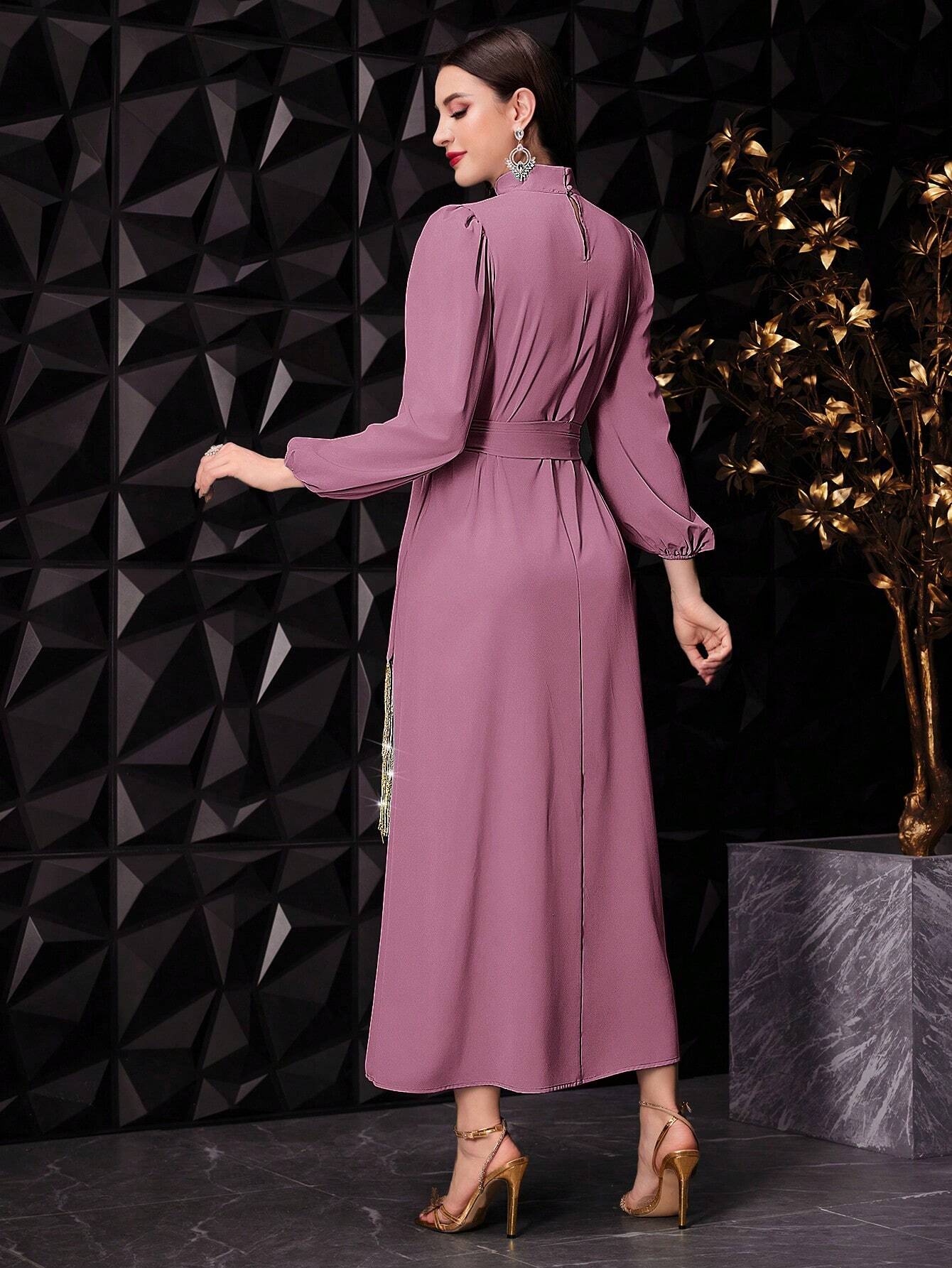 SHEIN Modely Women's Elegant Stand Collar Lantern Sleeve Long Dress With Knotted Waist For Spring/Summer