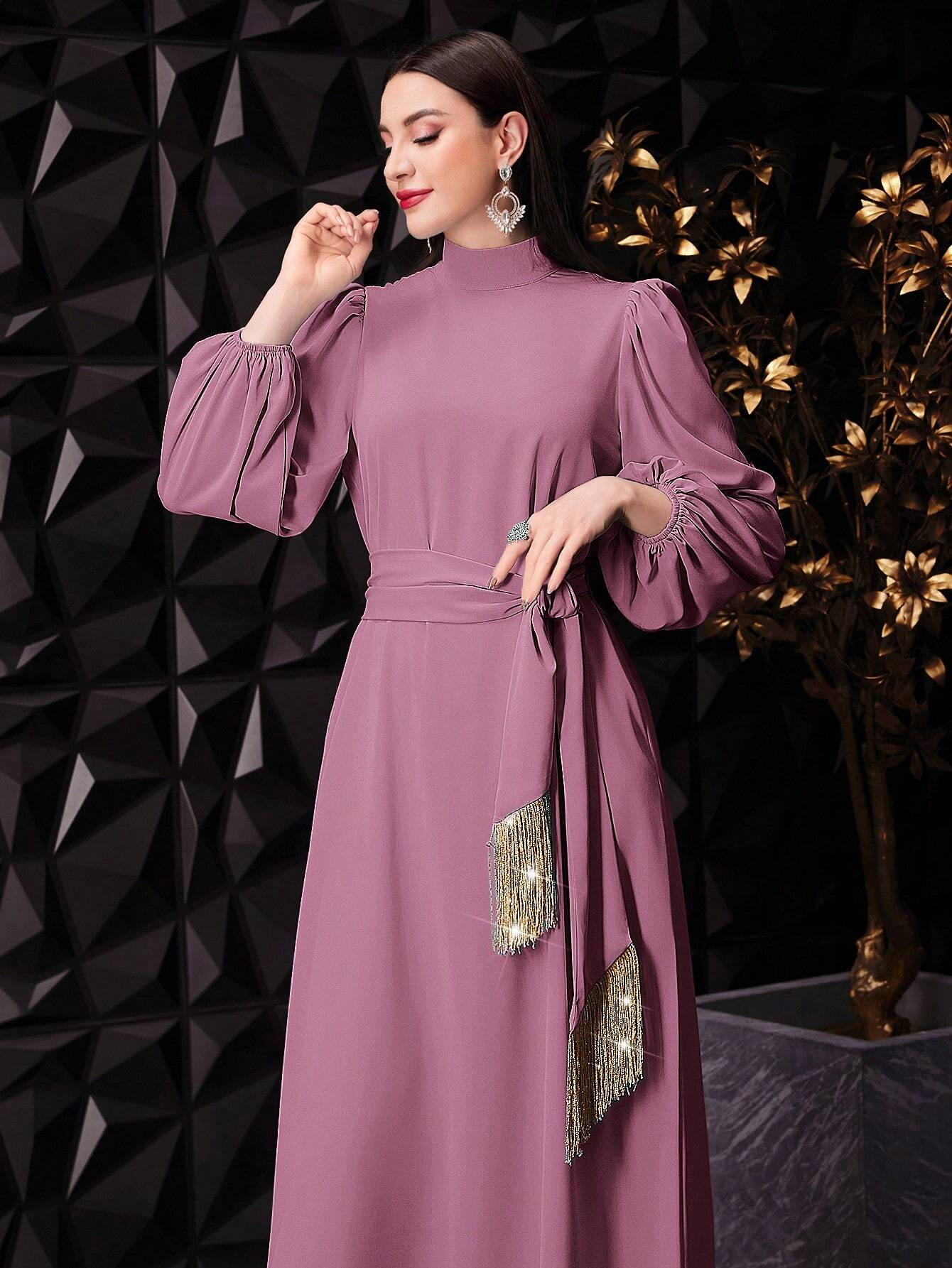SHEIN Modely Women's Elegant Stand Collar Lantern Sleeve Long Dress With Knotted Waist For Spring/Summer