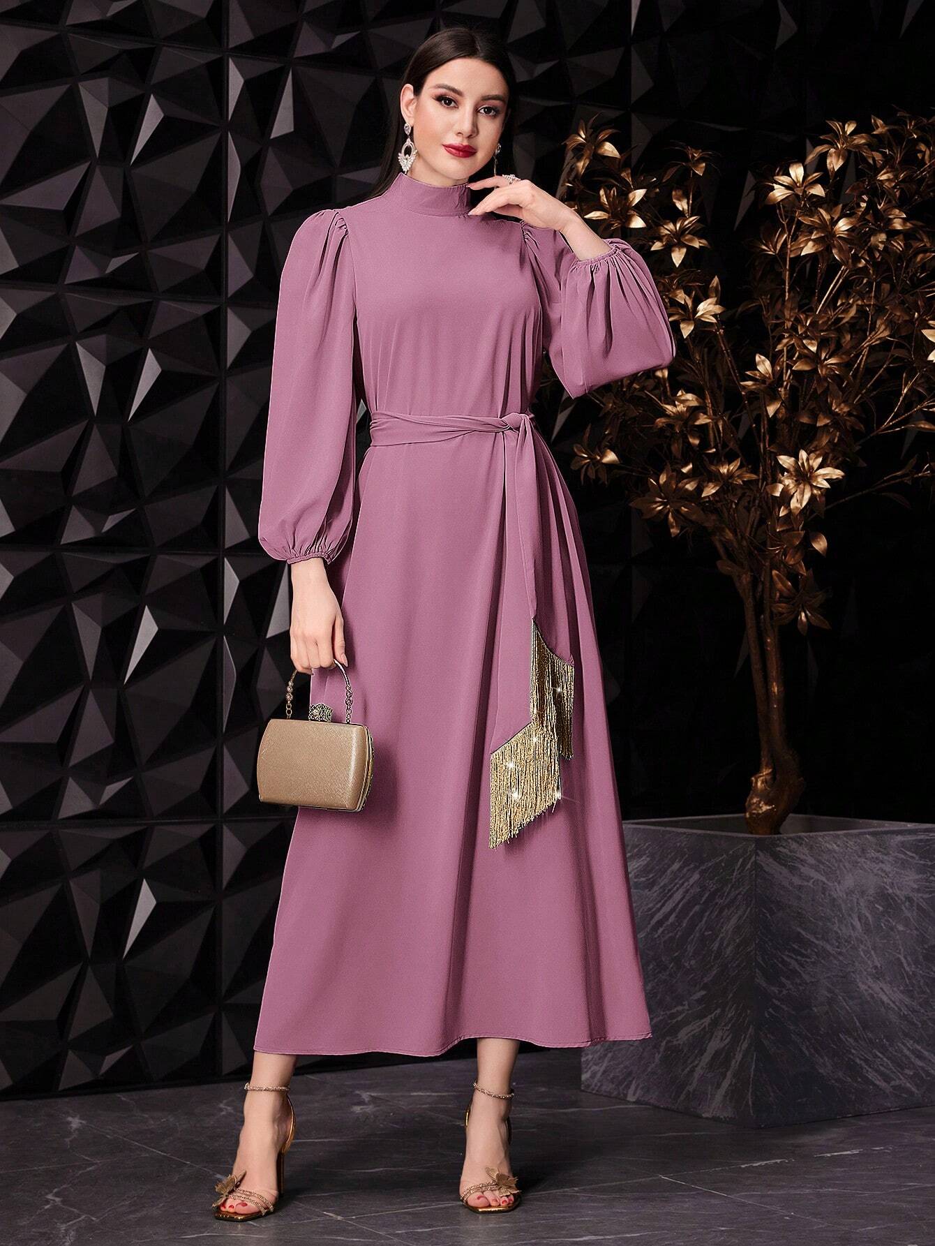 SHEIN Modely Women's Elegant Stand Collar Lantern Sleeve Long Dress With Knotted Waist For Spring/Summer