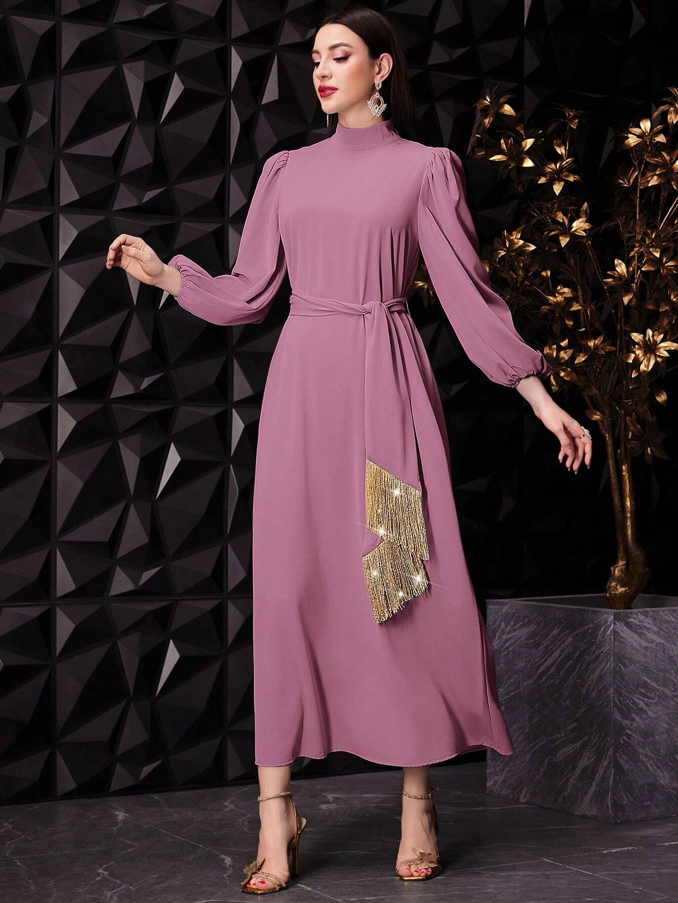 SHEIN Modely Women's Elegant Stand Collar Lantern Sleeve Long Dress With Knotted Waist For Spring/Summer
