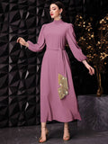 SHEIN Modely Women's Elegant Stand Collar Lantern Sleeve Long Dress With Knotted Waist For Spring/Summer