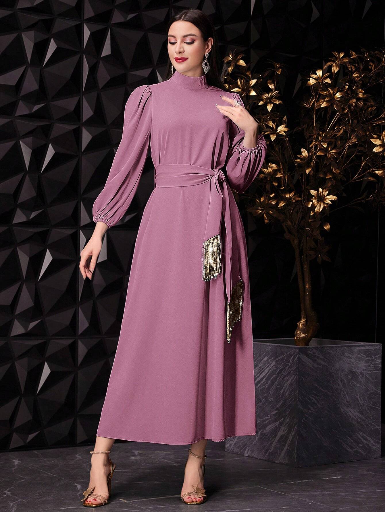 SHEIN Modely Women's Elegant Stand Collar Lantern Sleeve Long Dress With Knotted Waist For Spring/Summer