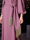 SHEIN Modely Women's Elegant Stand Collar Lantern Sleeve Long Dress With Knotted Waist For Spring/Summer