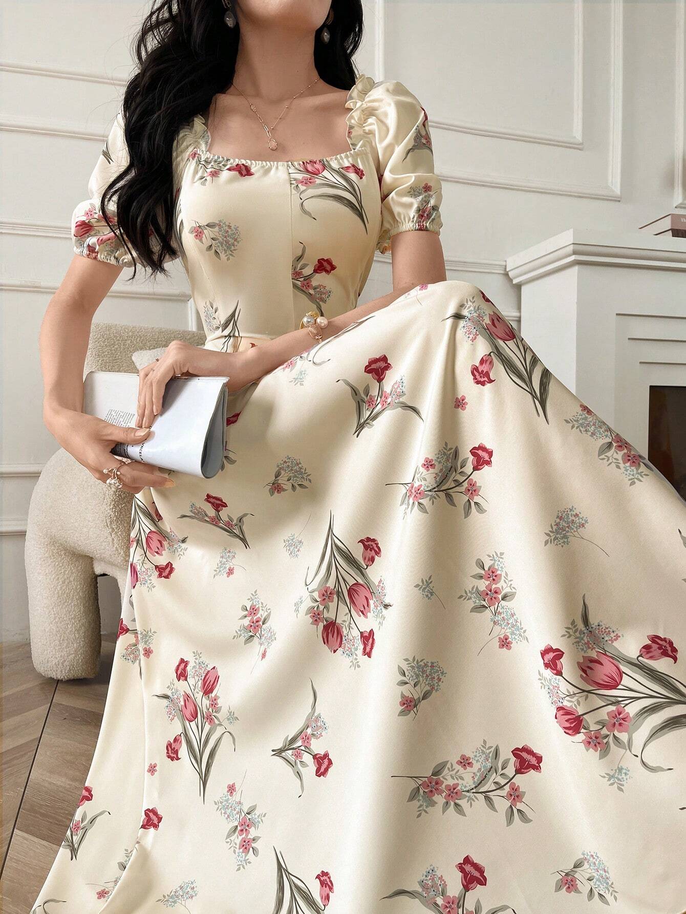 | SHEIN Modely Women's Random Printed Simple Everyday Dress With Square Neckline And Short Sleeves Maxi Women Outfit Long Evening Dresses | Dress | Shein | OneHub