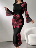 SHEIN Modely Women's Round Neck Long Sleeve Floral Print Elegant Chiffon Dress Maxi Women Outfit