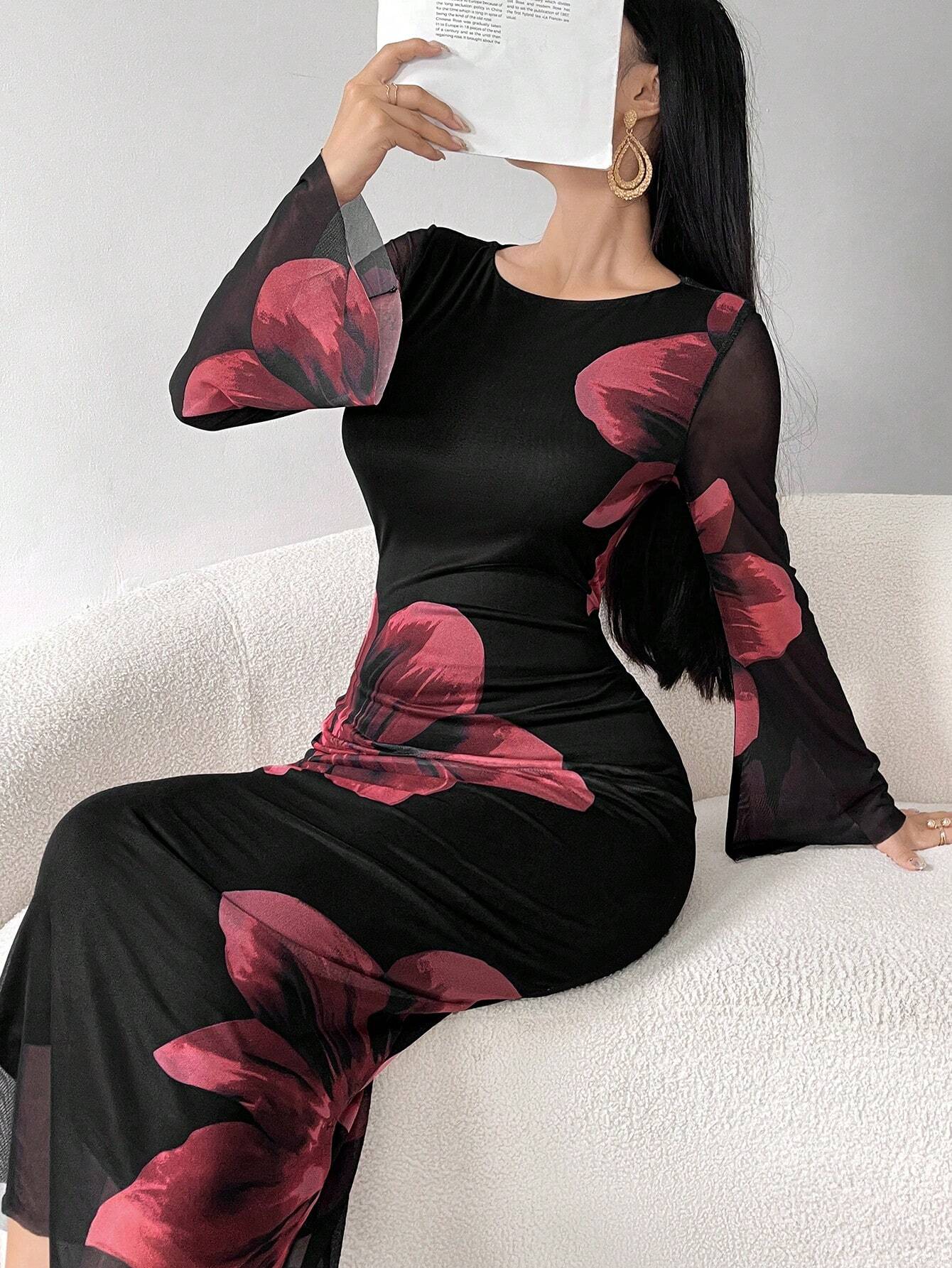  | SHEIN Modely Women's Round Neck Long Sleeve Floral Print Elegant Chiffon Dress Maxi Women Outfit | Dress | Shein | OneHub