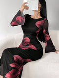  | SHEIN Modely Women's Round Neck Long Sleeve Floral Print Elegant Chiffon Dress Maxi Women Outfit | Dress | Shein | OneHub