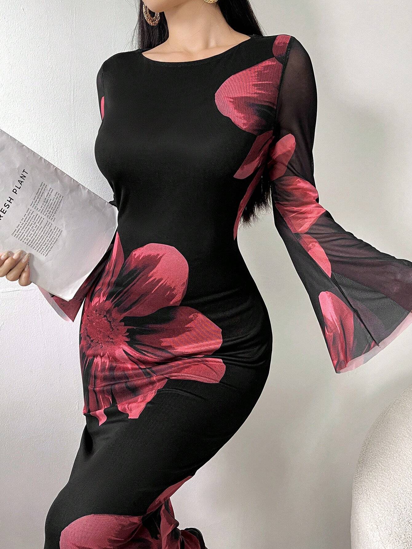  | SHEIN Modely Women's Round Neck Long Sleeve Floral Print Elegant Chiffon Dress Maxi Women Outfit | Dress | Shein | OneHub