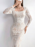  | SHEIN Modely Women's Solid Color Elegant Lace Decorated Long Sleeve Dress | Dress | Shein | OneHub