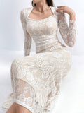  | SHEIN Modely Women's Solid Color Elegant Lace Decorated Long Sleeve Dress | Dress | Shein | OneHub