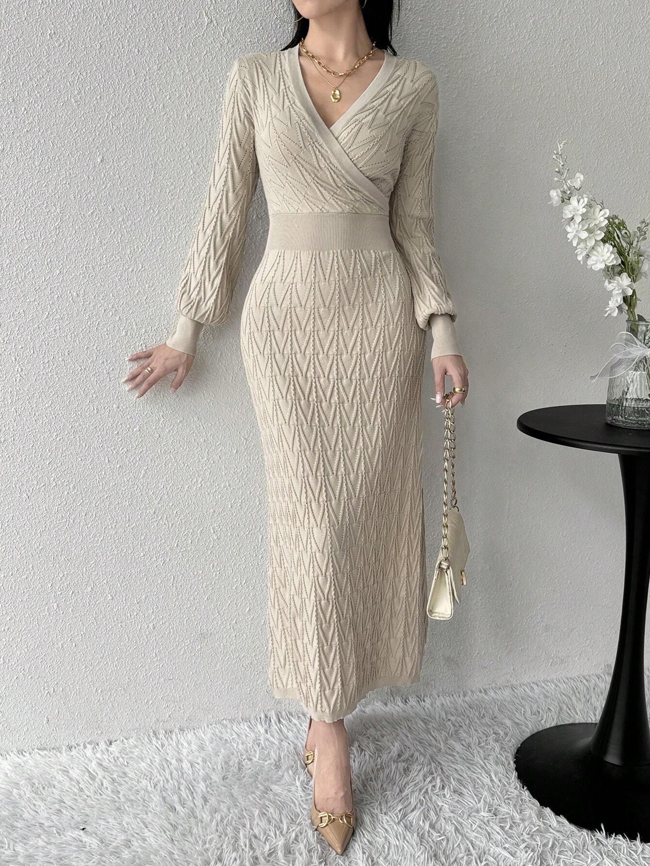  | SHEIN Modely Women's Solid Color V-Neck Wrap Around Long Sleeve Sweater Dress | Dress | Shein | OneHub