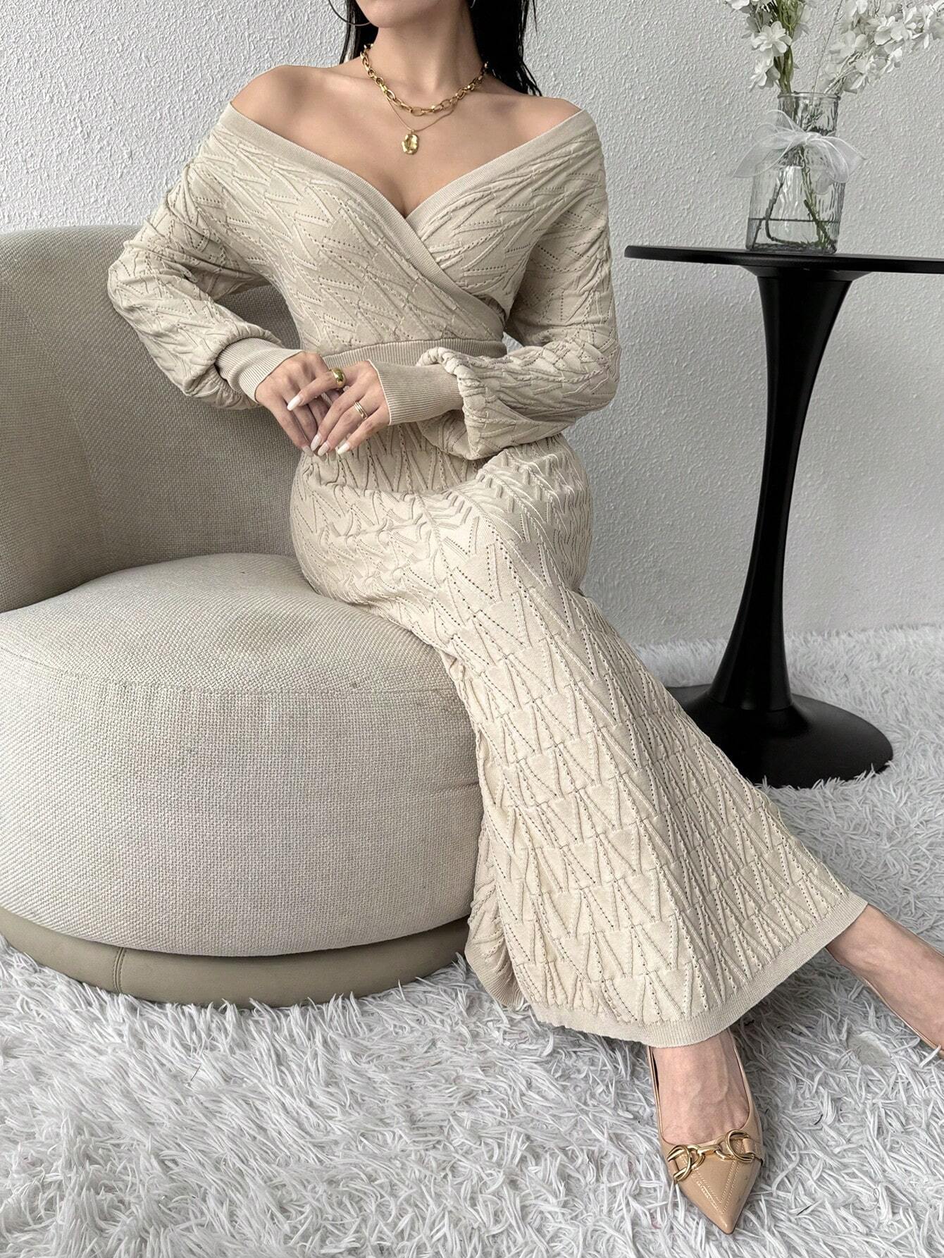  | SHEIN Modely Women's Solid Color V-Neck Wrap Around Long Sleeve Sweater Dress | Dress | Shein | OneHub