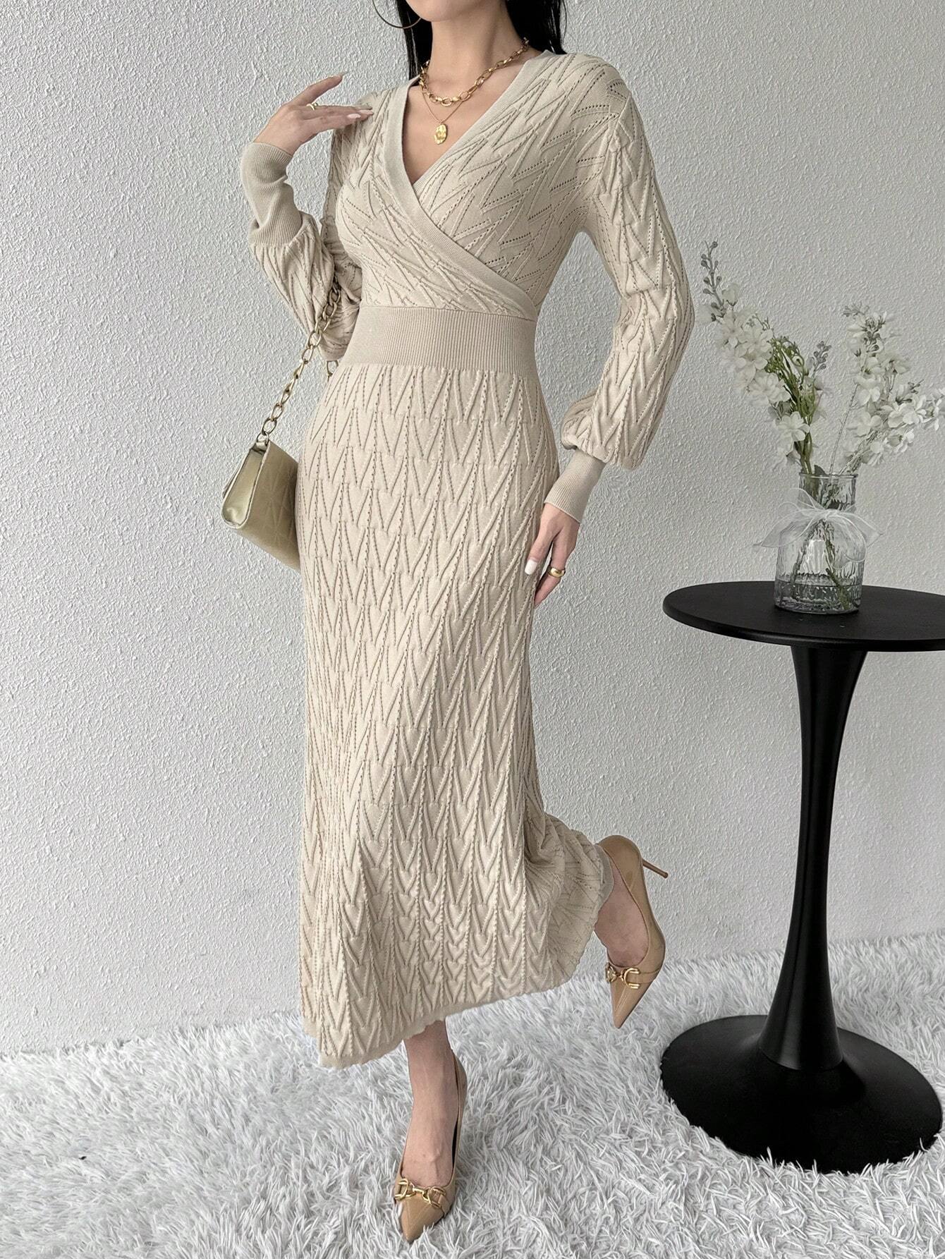  | SHEIN Modely Women's Solid Color V-Neck Wrap Around Long Sleeve Sweater Dress | Dress | Shein | OneHub