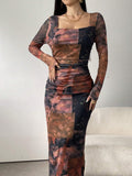  | SHEIN Modely Women's Square Neck Long Sleeve Full Print Fitted Elegant Charming Mesh Dress | Dress | Shein | OneHub