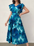 SHEIN Modely Women's Summer Vacation Style Floral Print V-Neck Short Ruffle Sleeve Pleated Hem Maxi Dress