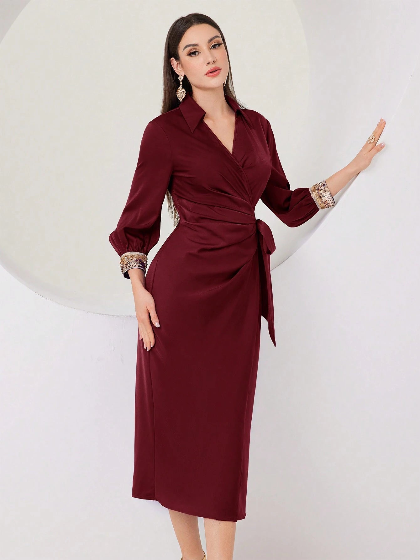  | SHEIN Modely Women's V-Neck Ribbon Pleated Long Sleeve Party Dress | Dress | Shein | OneHub