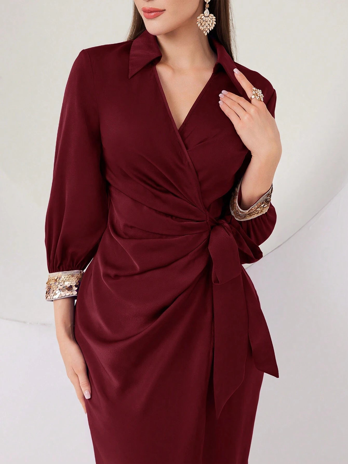  | SHEIN Modely Women's V-Neck Ribbon Pleated Long Sleeve Party Dress | Dress | Shein | OneHub