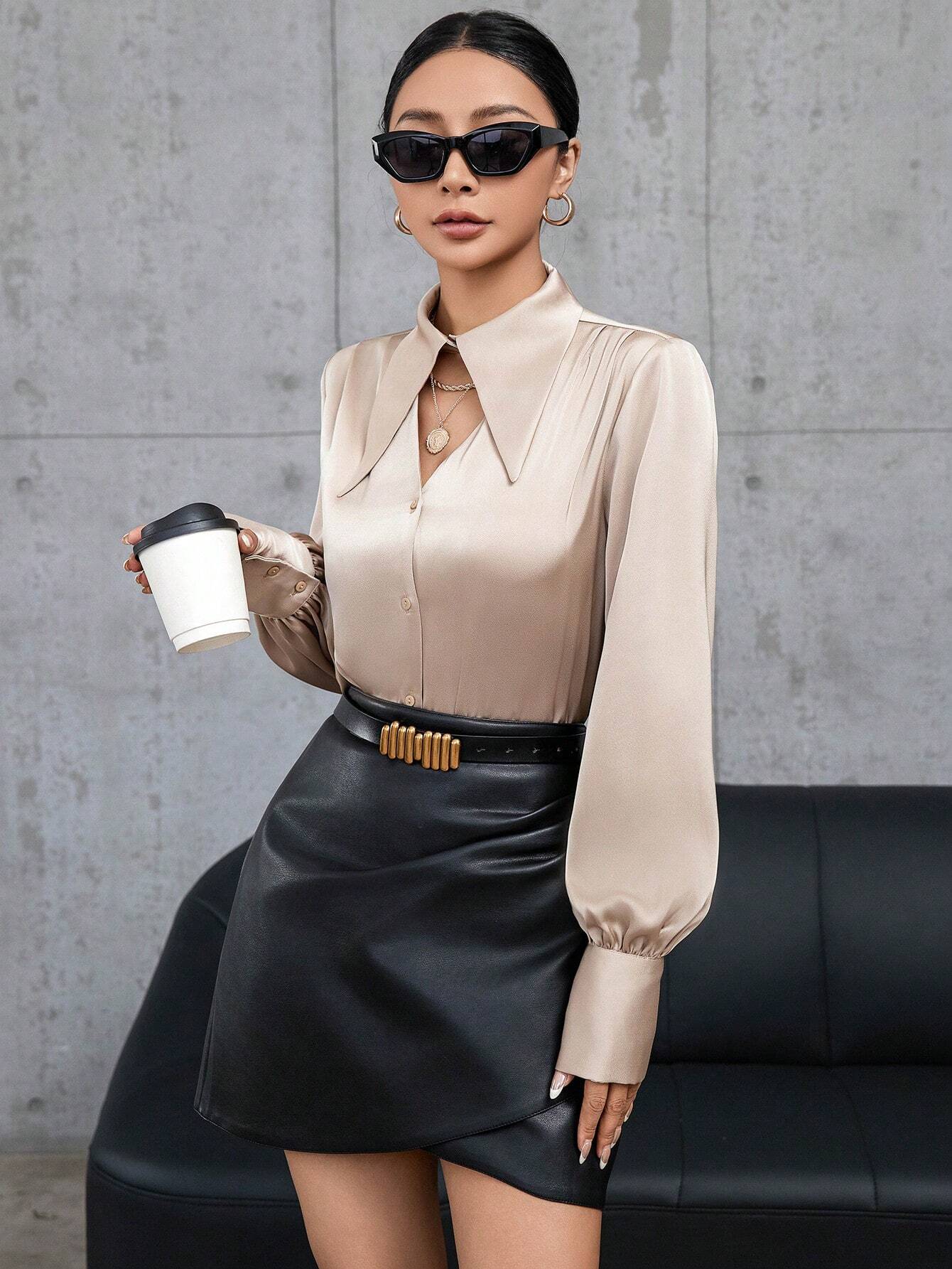  | SHEIN Modichic Solid Color Long-sleeved Shirt With Hollow Button Placket On The Front | Blouse | Shein | OneHub