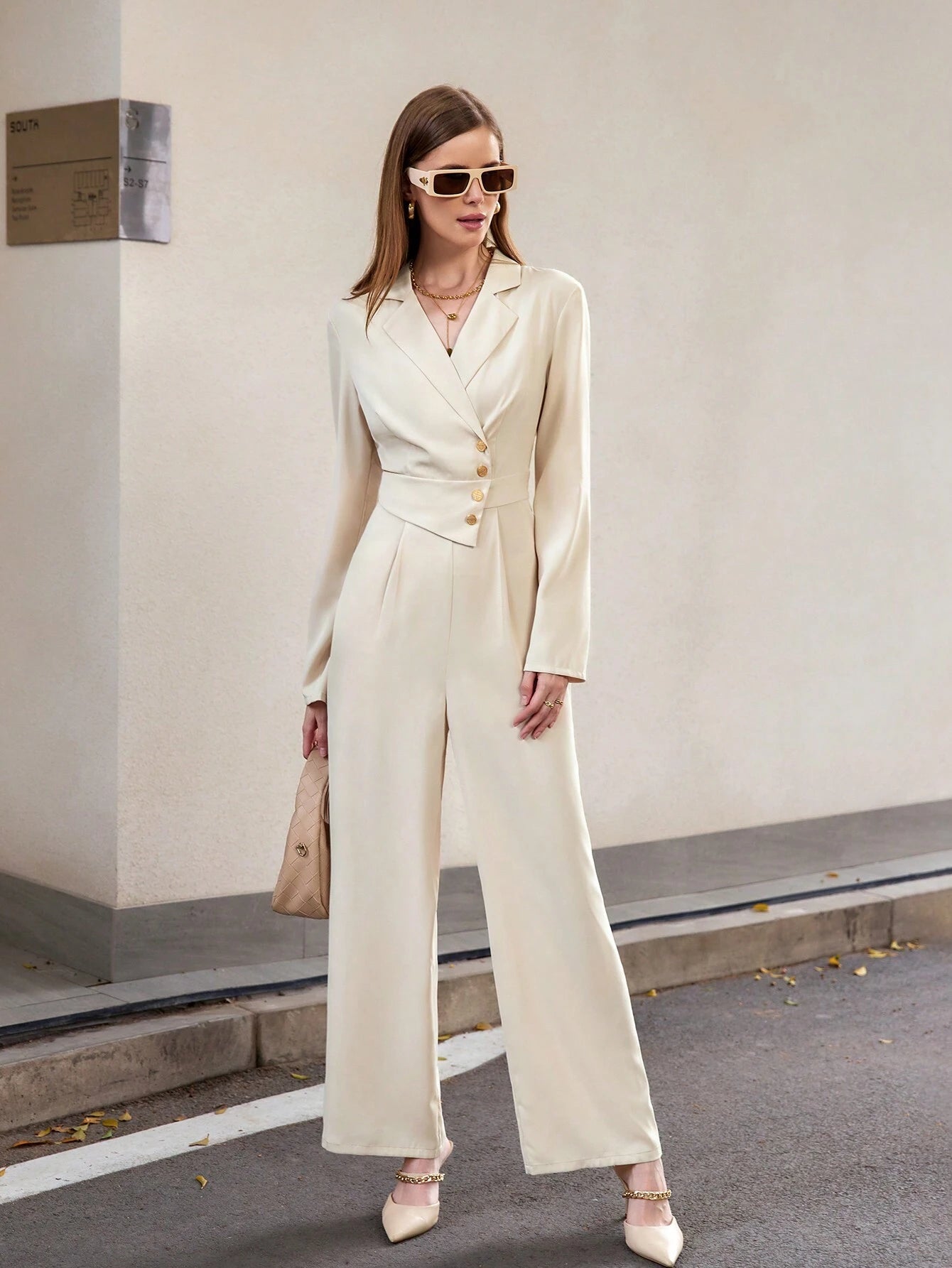  | SHEIN Modichic Women's Elegant Commuter All-Match Lapel Metal Button Cinched Waist Long Sleeve Jumpsuit | Jumpsuit | Shein | OneHub