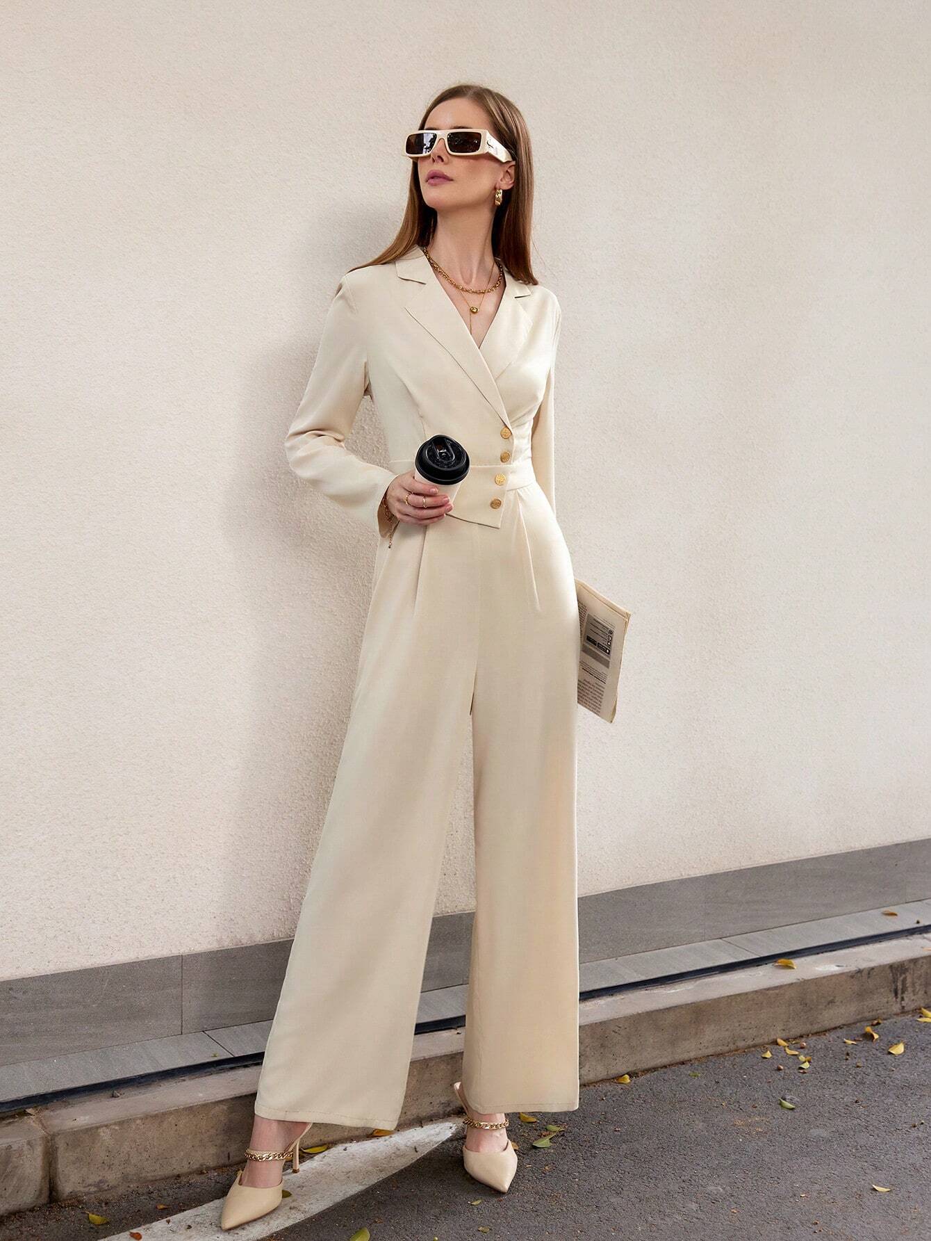  | SHEIN Modichic Women's Elegant Commuter All-Match Lapel Metal Button Cinched Waist Long Sleeve Jumpsuit | Jumpsuit | Shein | OneHub