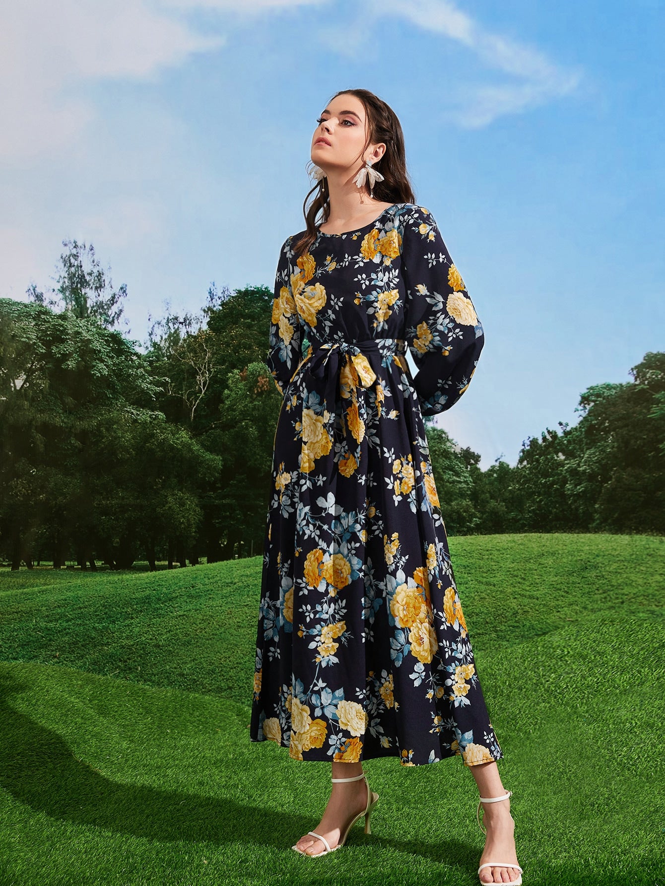  | SHEIN Mulvari Floral Print Lantern Sleeve Belted Dress | Dress | Shein | OneHub